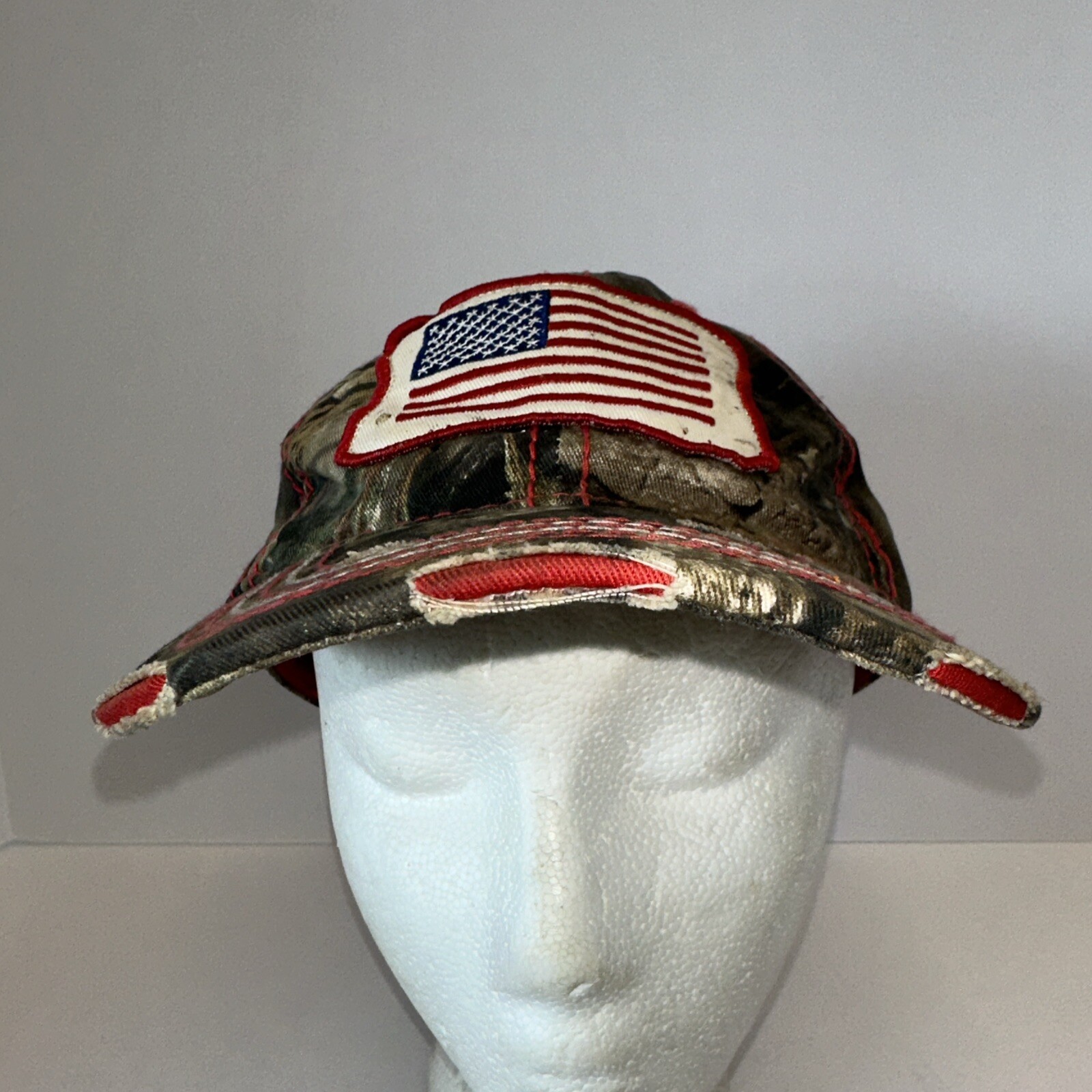 Camouflage Distressed Greens Red White Hat Cap White American Flag Patch