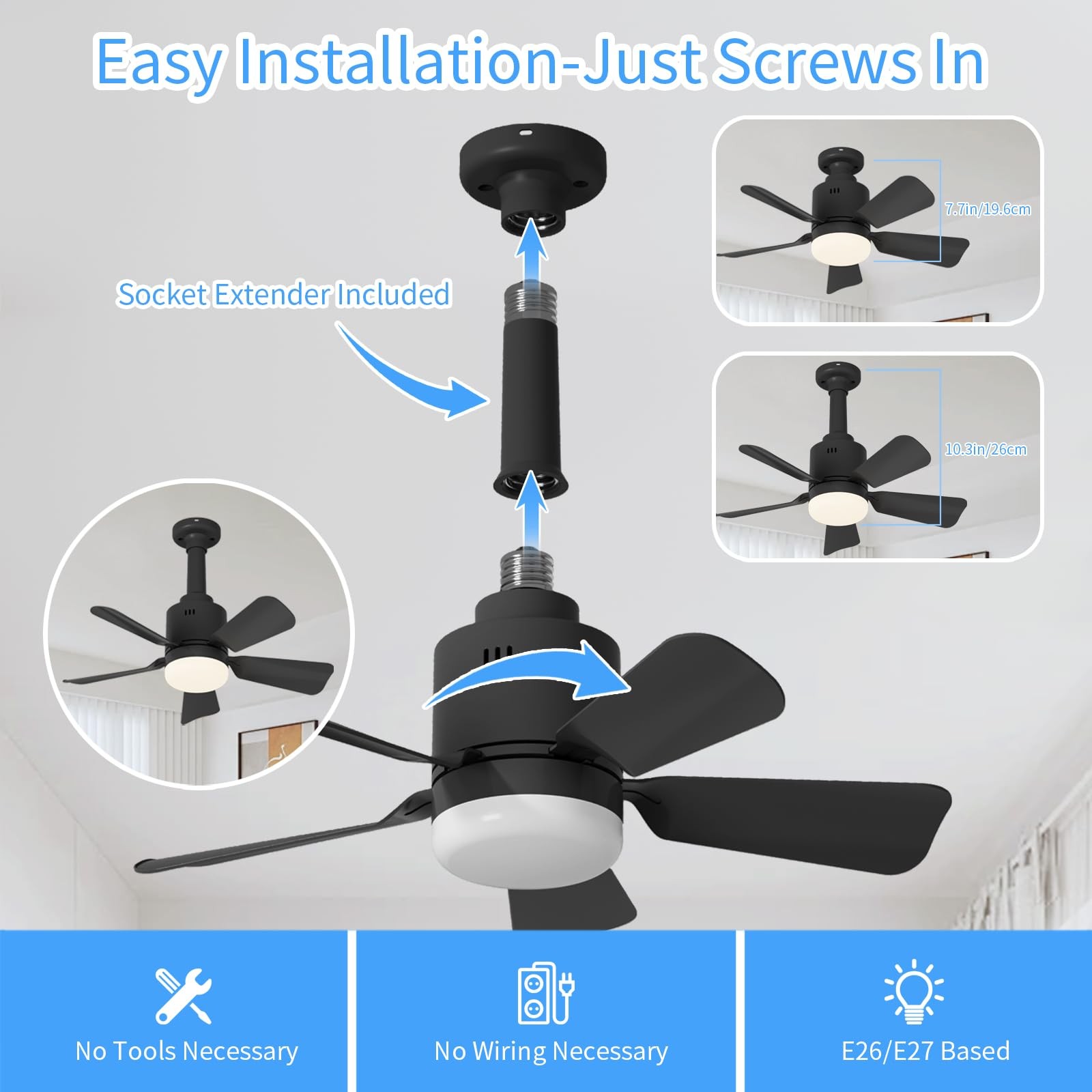 Socket Fan Light with Remote App 3 Colors LED 17.7'' Socket Breeze