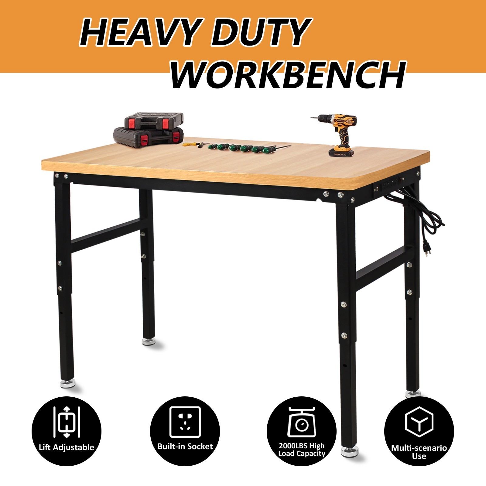 48''/60'' Adjustable Heigh Workbench with Power Outlet Hardwood Work Table