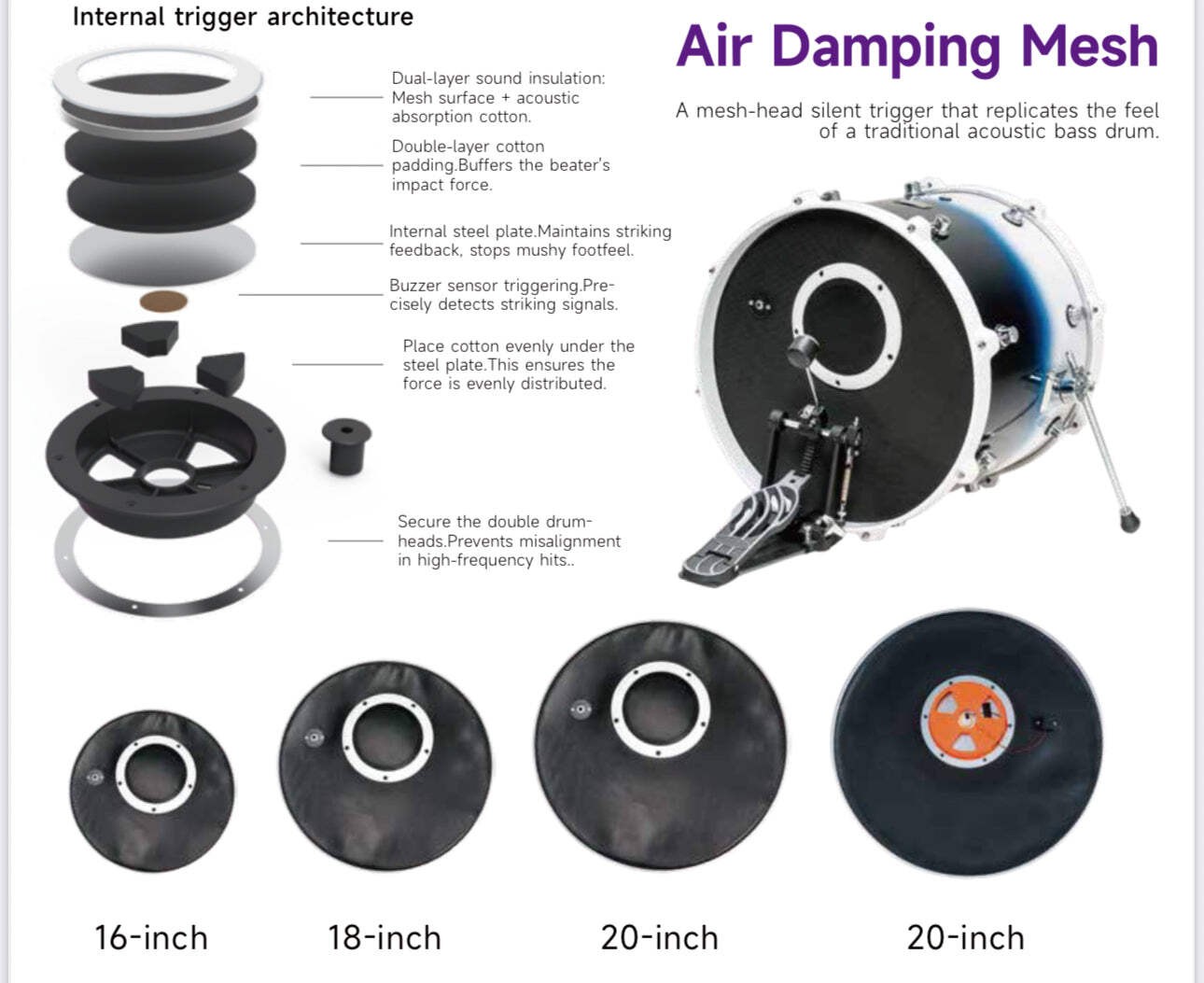 20” E Drum Kick Trigger System Bass A2E Roland and Alesis Compatible
