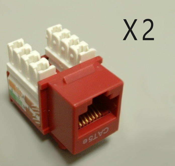 2 Pack Lot - CAT5e Keystone RJ45 110 Punch Down Keystone Snap-In Jack - Red