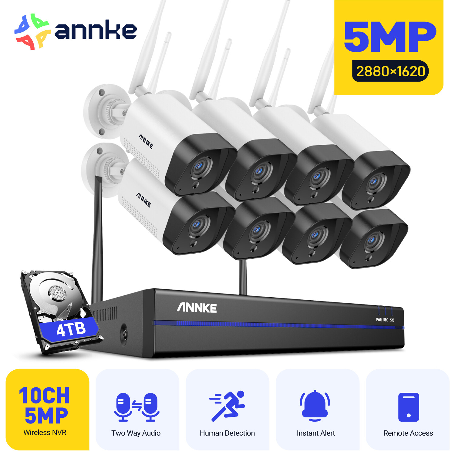 ANNKE 10CH NVR Wireless 5MP Security Camera System Two Way Audio Outdoor H.265+