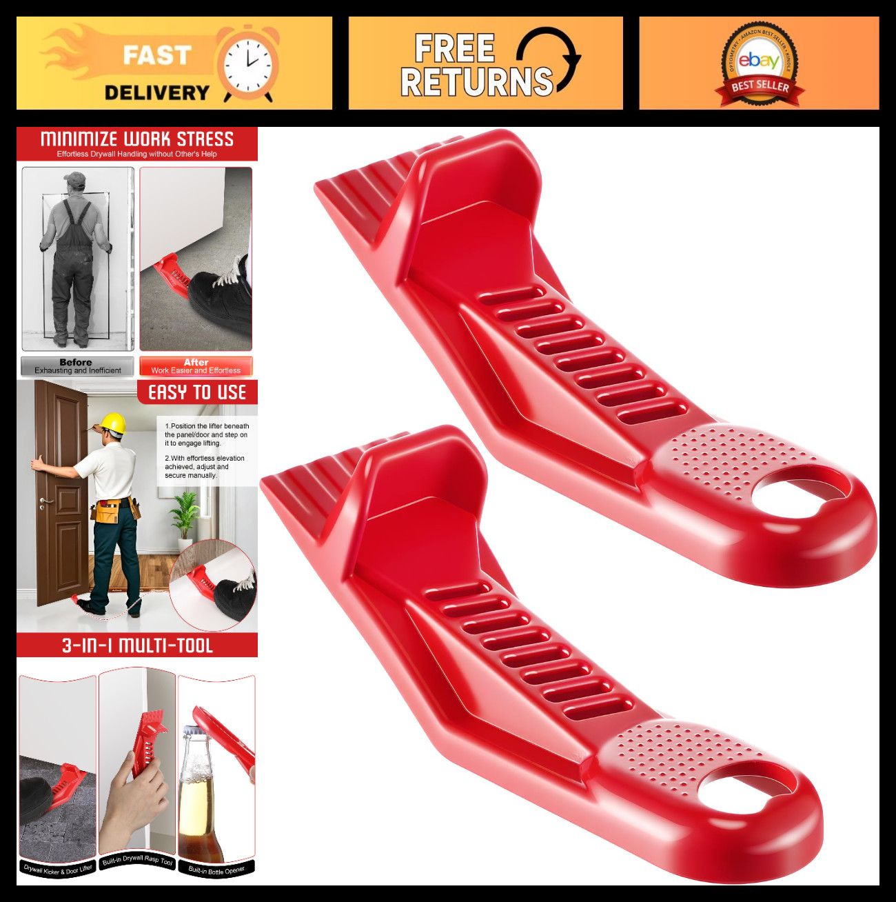 2 Pack Drywall Lift Tools - Metal Wall Panel Lever with Rasp & Opener, Foot Kick