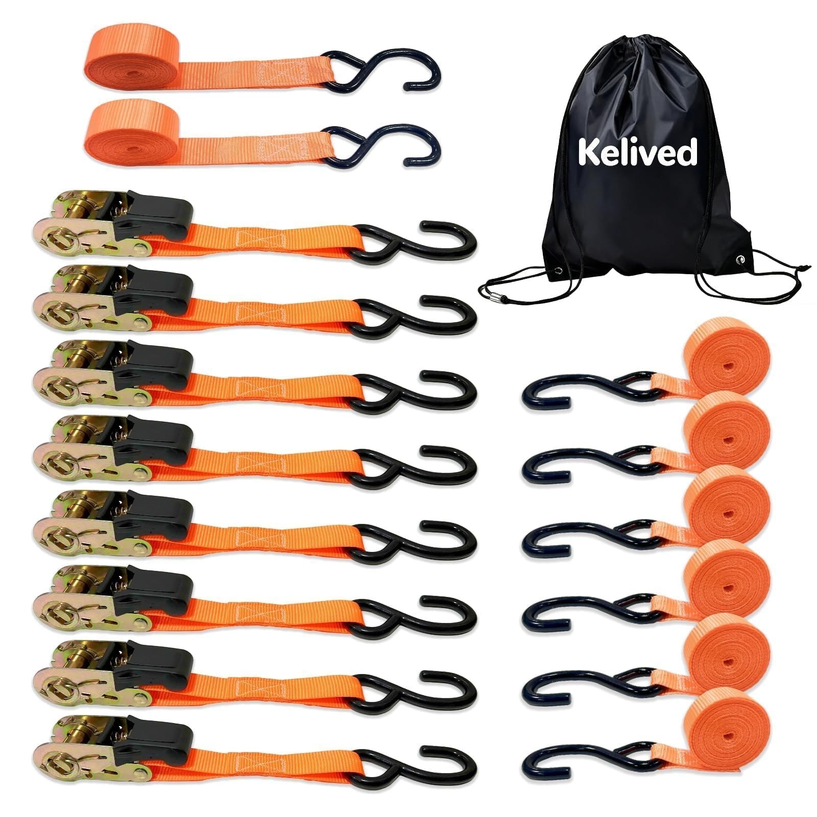 8PK Ratchet Tie Down Straps - 1in x 16feet, 880LBS Working Load & 1760LBS Bre...