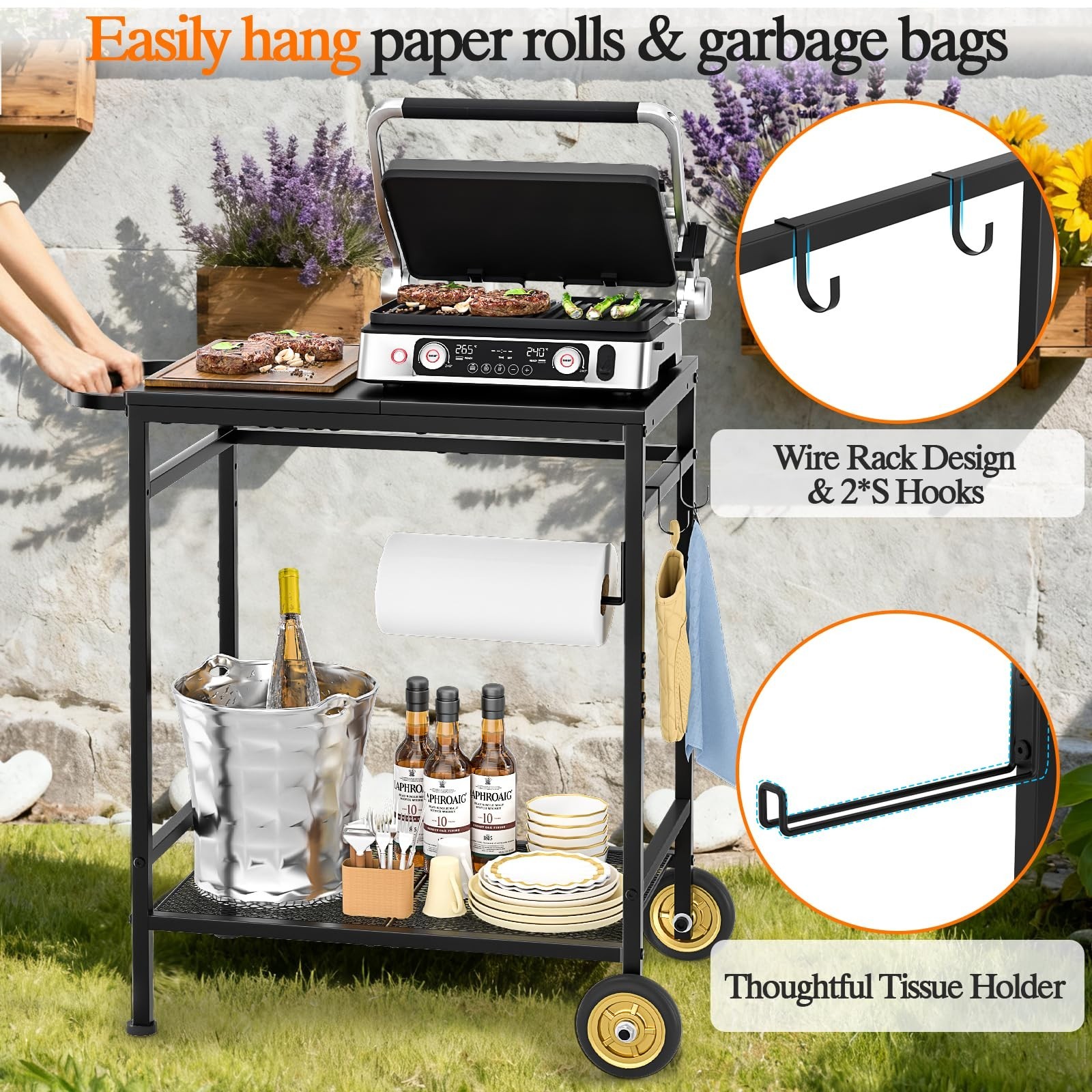 2-Tier Outdoor Grill Table with Wheels, Movable BBQ Prep Station, Rust-Resistant