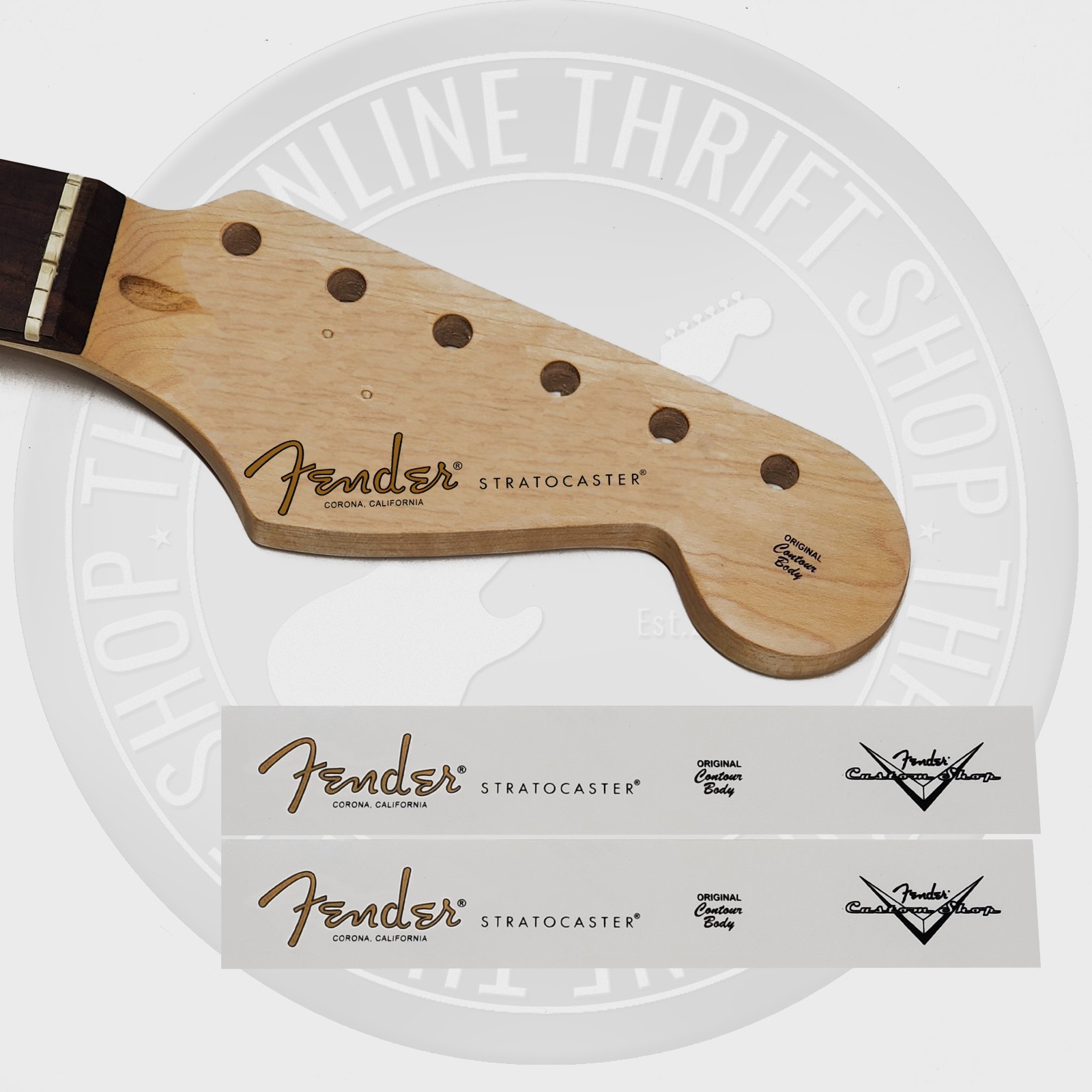 Fender Strat Waterslide Guitar Neck Headstock Decals with CS Logo (Set of 2)