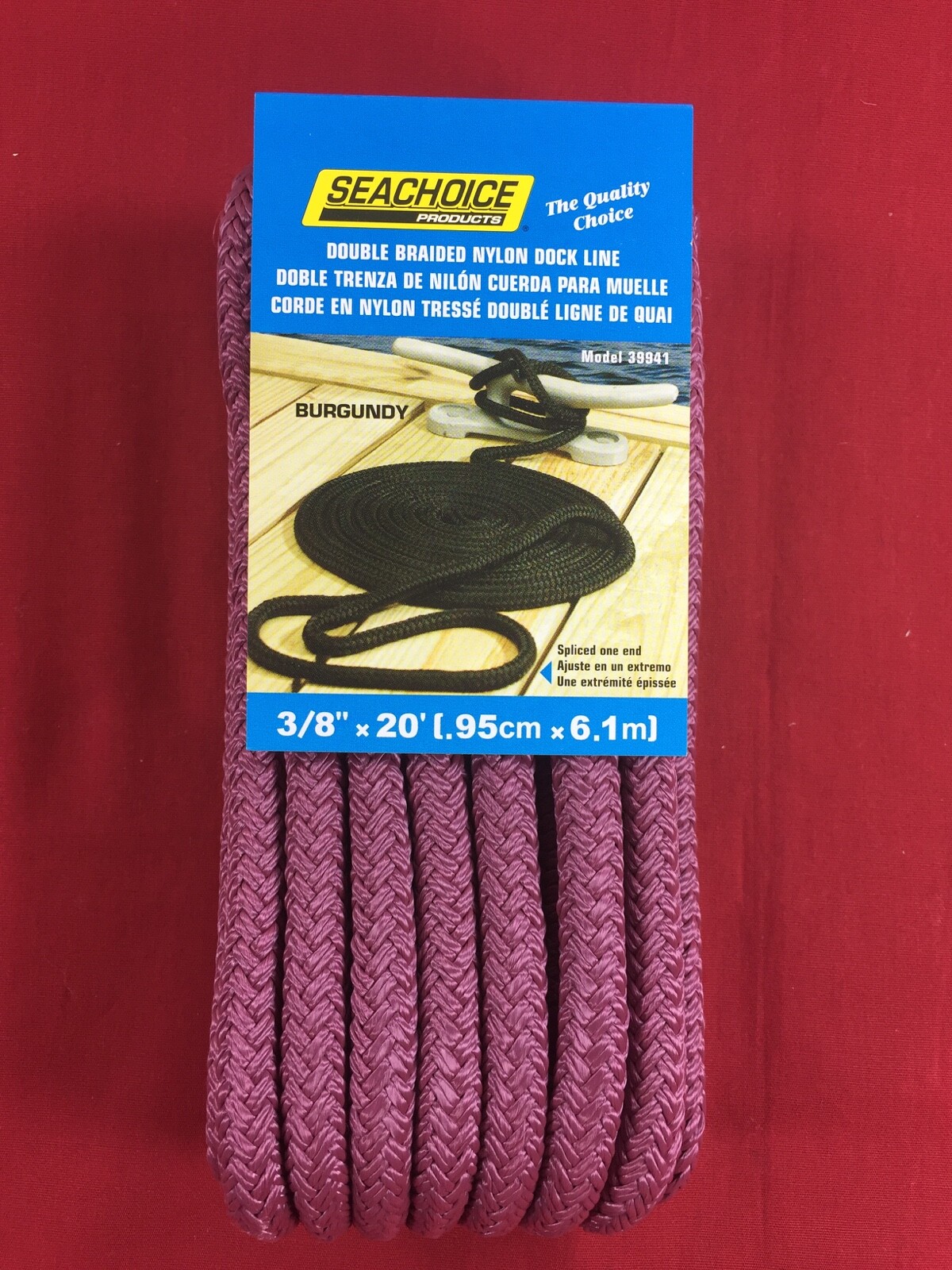 DOCK LINE DOUBLE BRAIDED NYLON ROPE 3/8" x 20' BURGUNDY SEACHOICE 39941