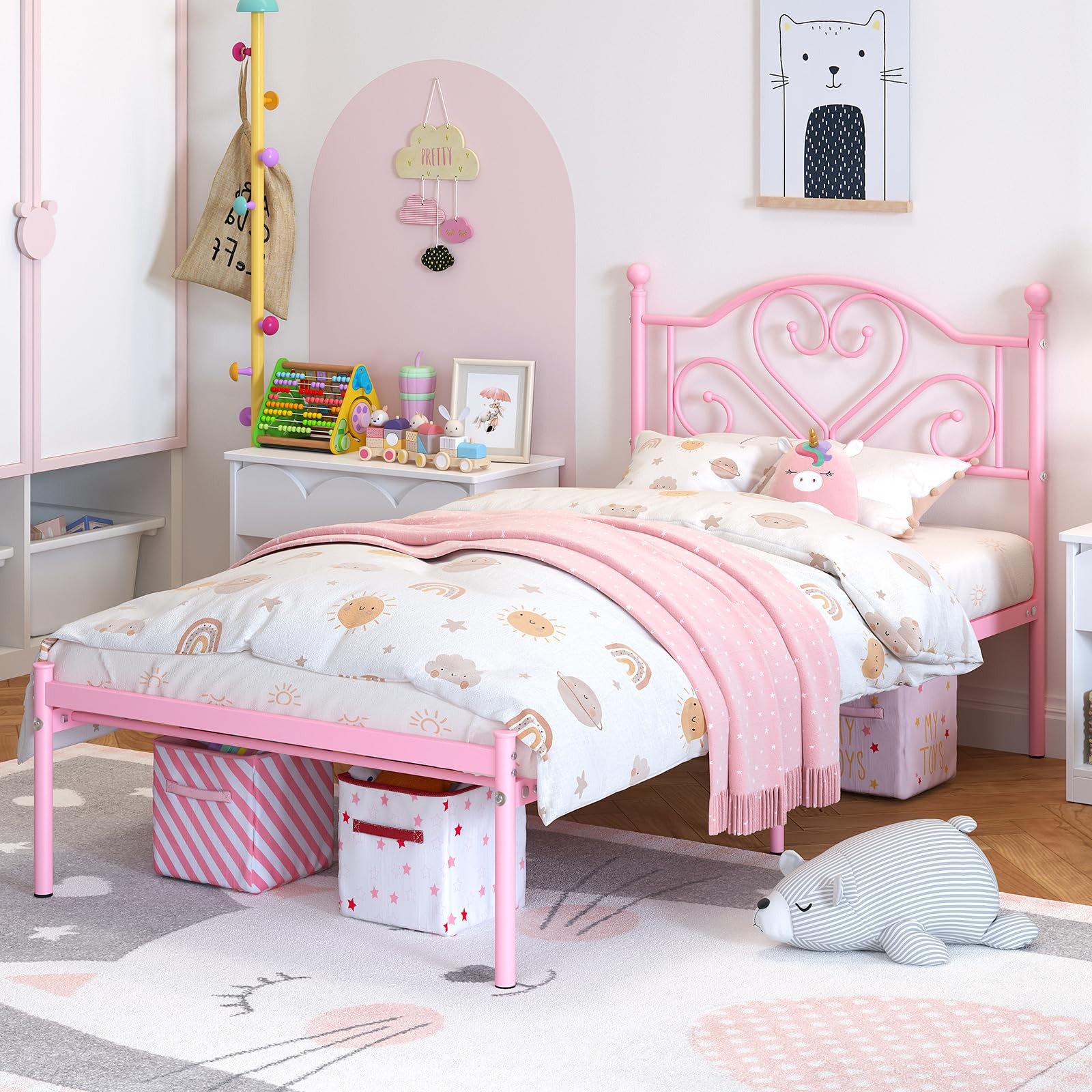 Twin Metal Bed Frame with Headboard, Underbed Storage, Pink