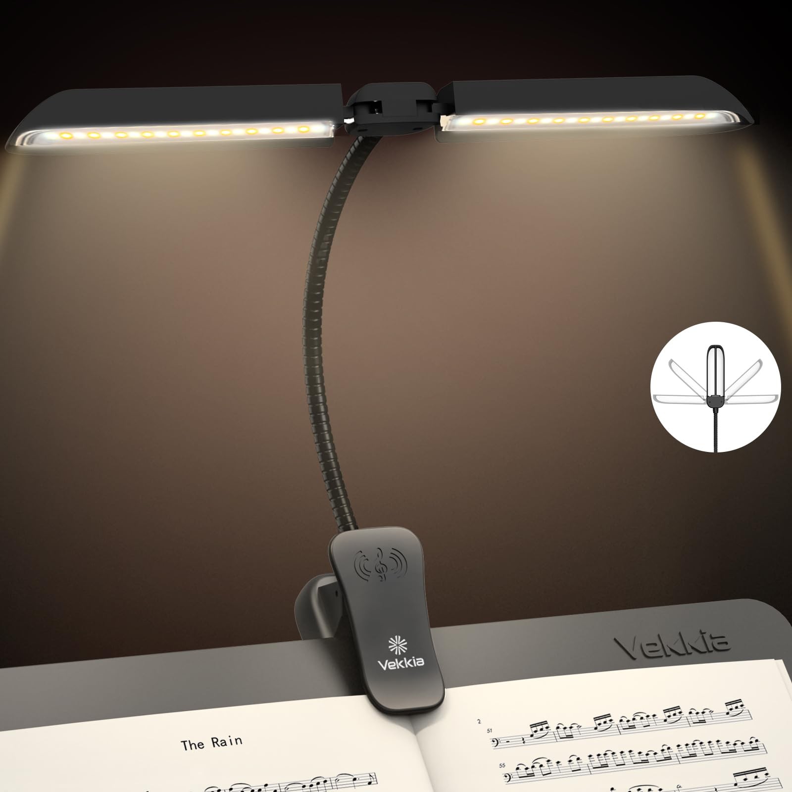 Rechargeable LED Music Stand Light - Clip-On Piano Lamp w/ 5 Brightness 3 Color