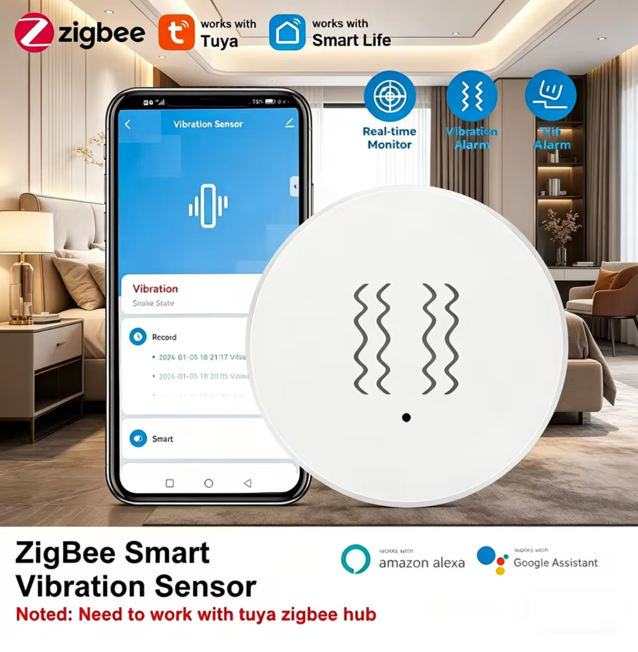Tuya Zigbee Vibration Sensor Circular Detection Sensor Smart Life App