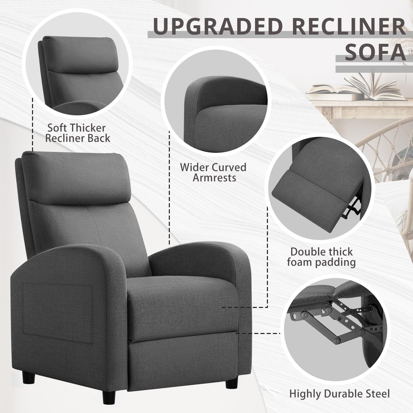 JUMMICO Recliner Chair Adjustable Home 29D x 20W x 39H in, Aurora Grey