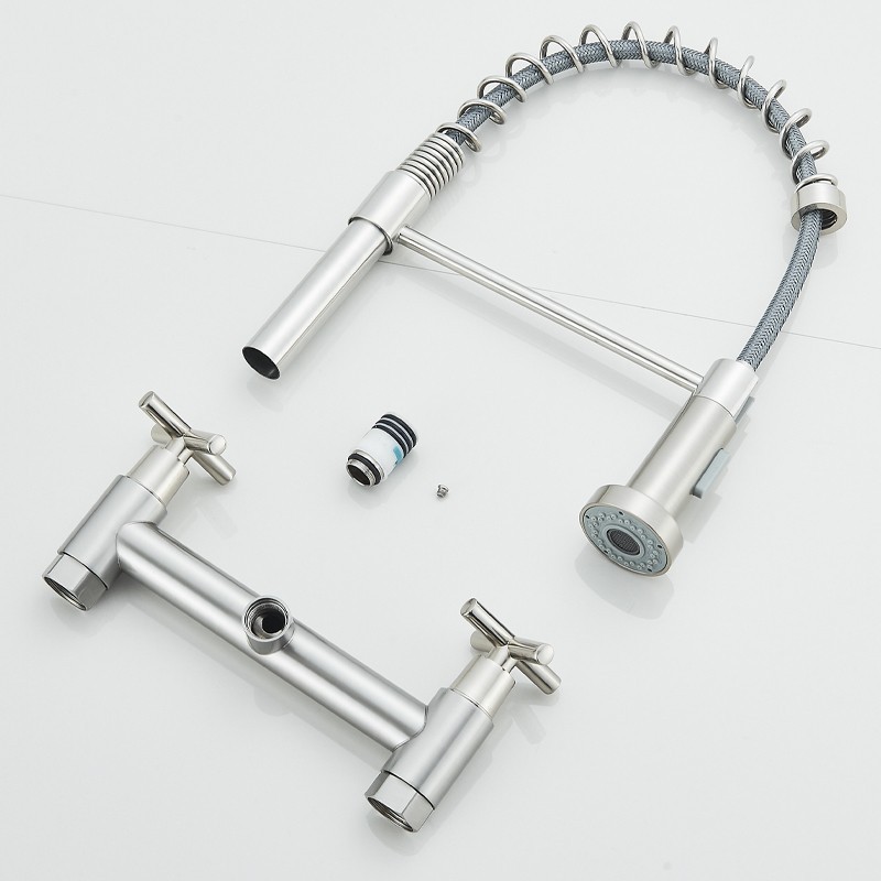 Commercial 8 Inch 2 Handle Wall Mount Kitchen Sink Faucet with Pull Down Sprayer