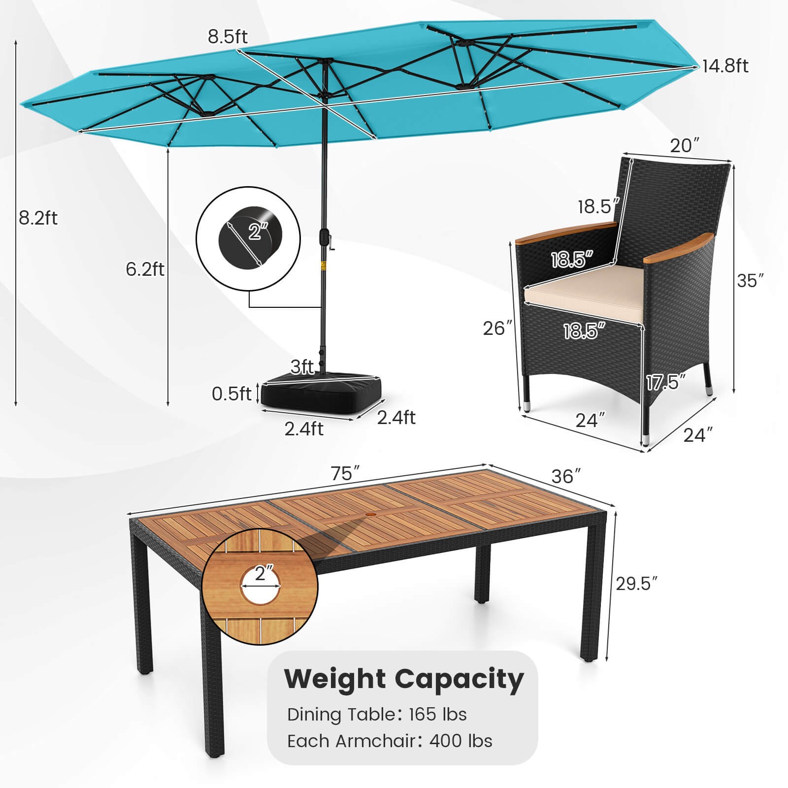 11 PCS Patio Dining Set with 15ft Double-Sided Patio Umbrella (Base Included)