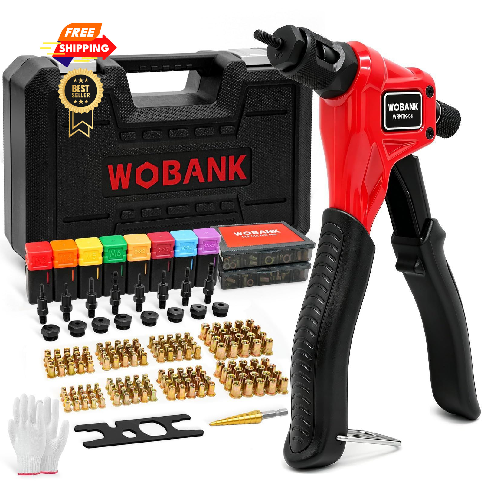 WOBANK Rivet Nut Tool Kit, 8" One M3, M4, M5, M6, 6-32, 8-32, 10-24, 1/4-20