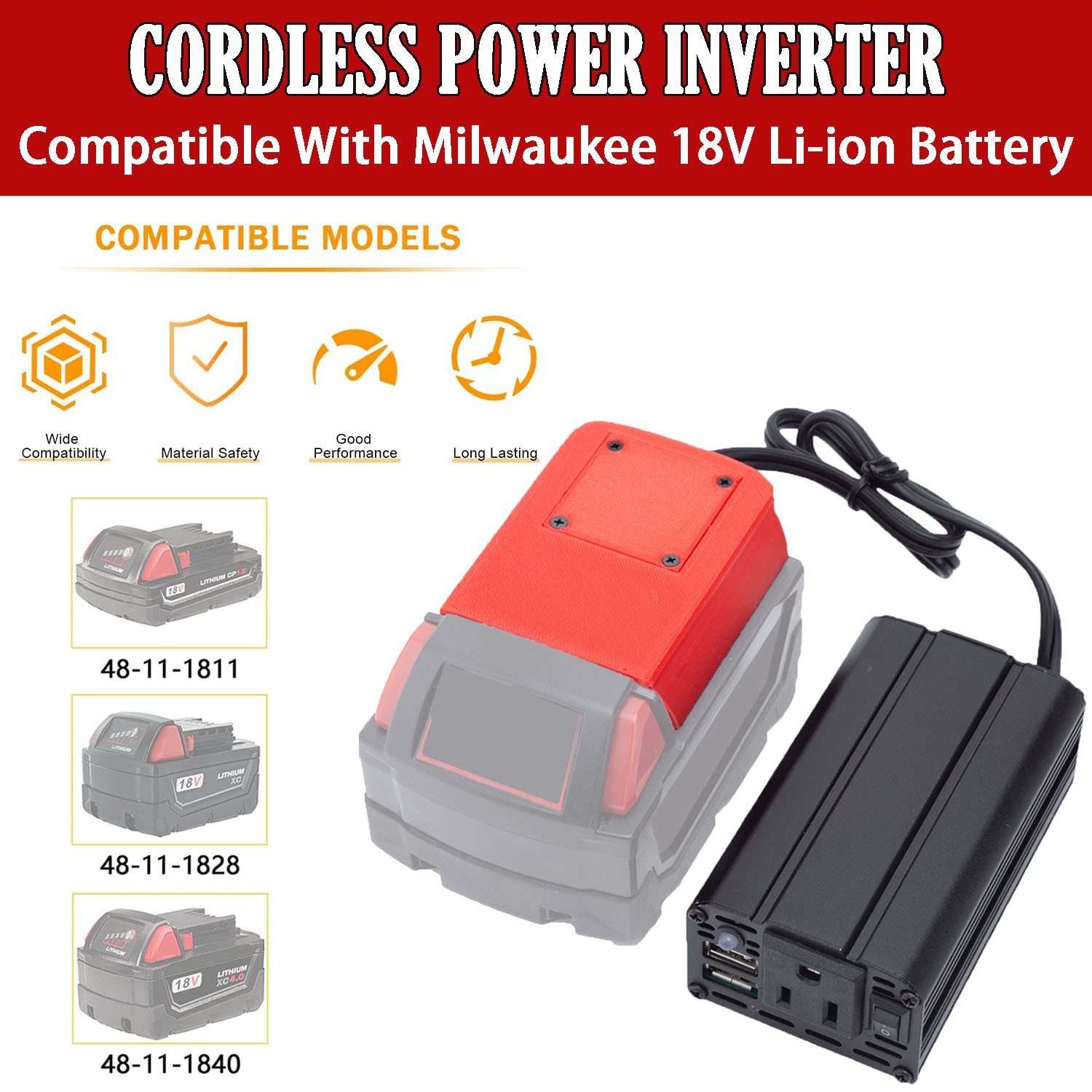 Power Supply Inverter For Milwaukee 18V Battery to AC 110V/200W Sine Wave w/USB