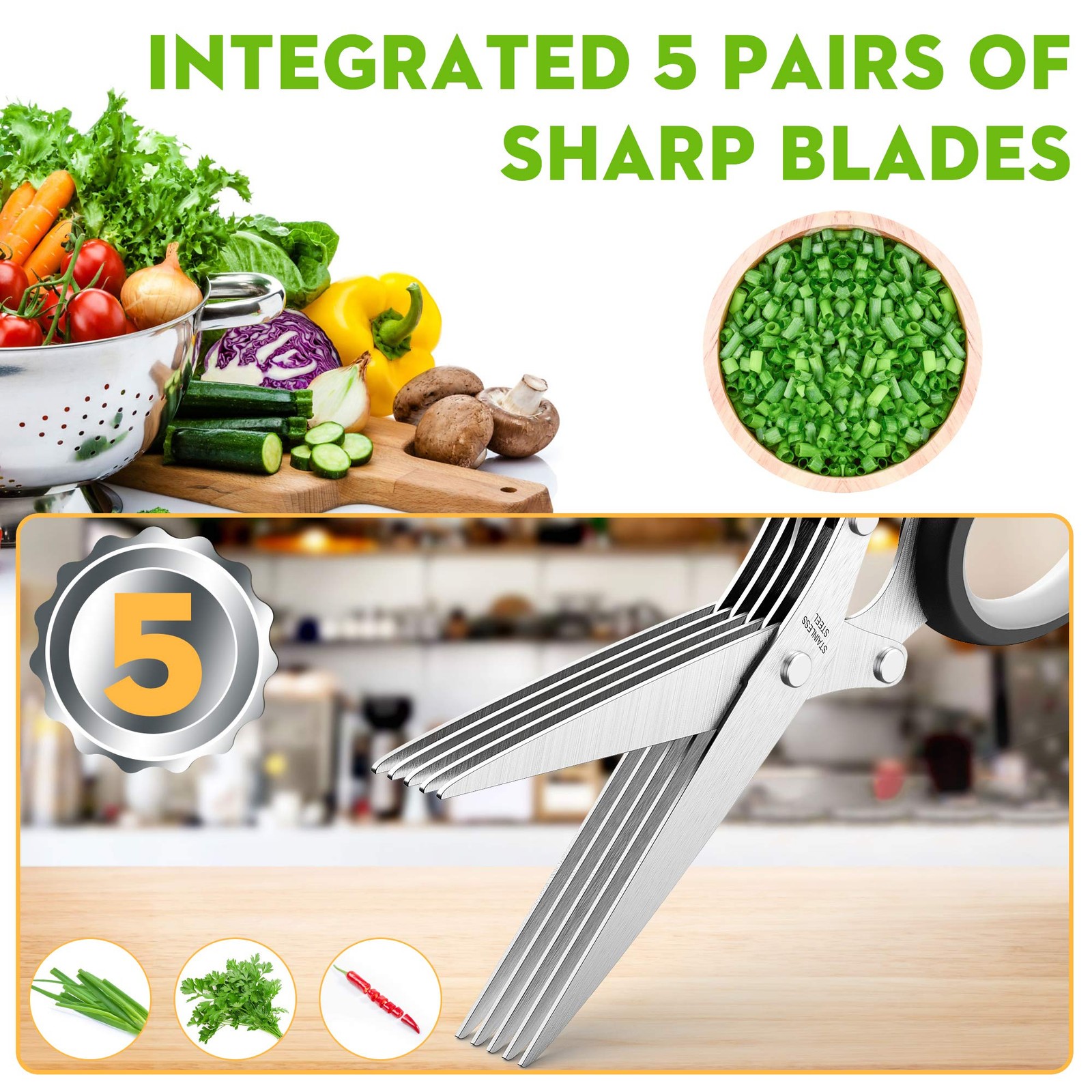 Herb Scissors with 5 Blades and Cover, Kitchen Herb Cutter with Cleaning Comb...