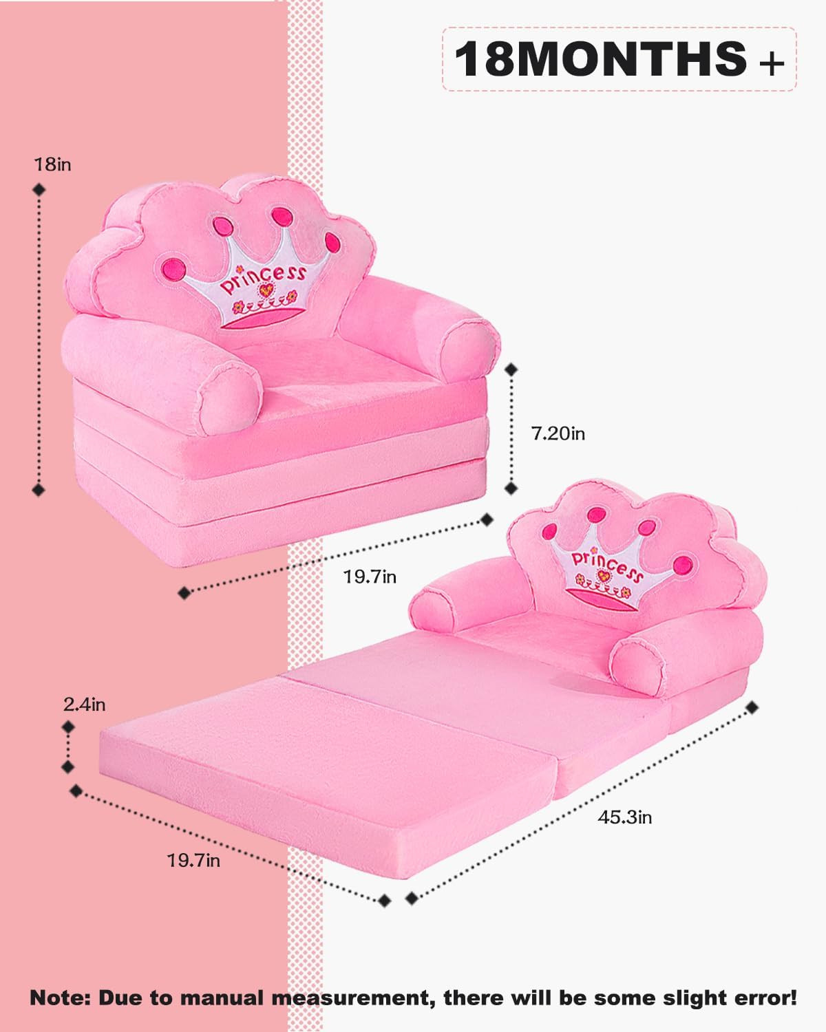 Kids Couch Fold Out, Foldable Princess Chair for Toddlers 1-3, Kids Furniture fo