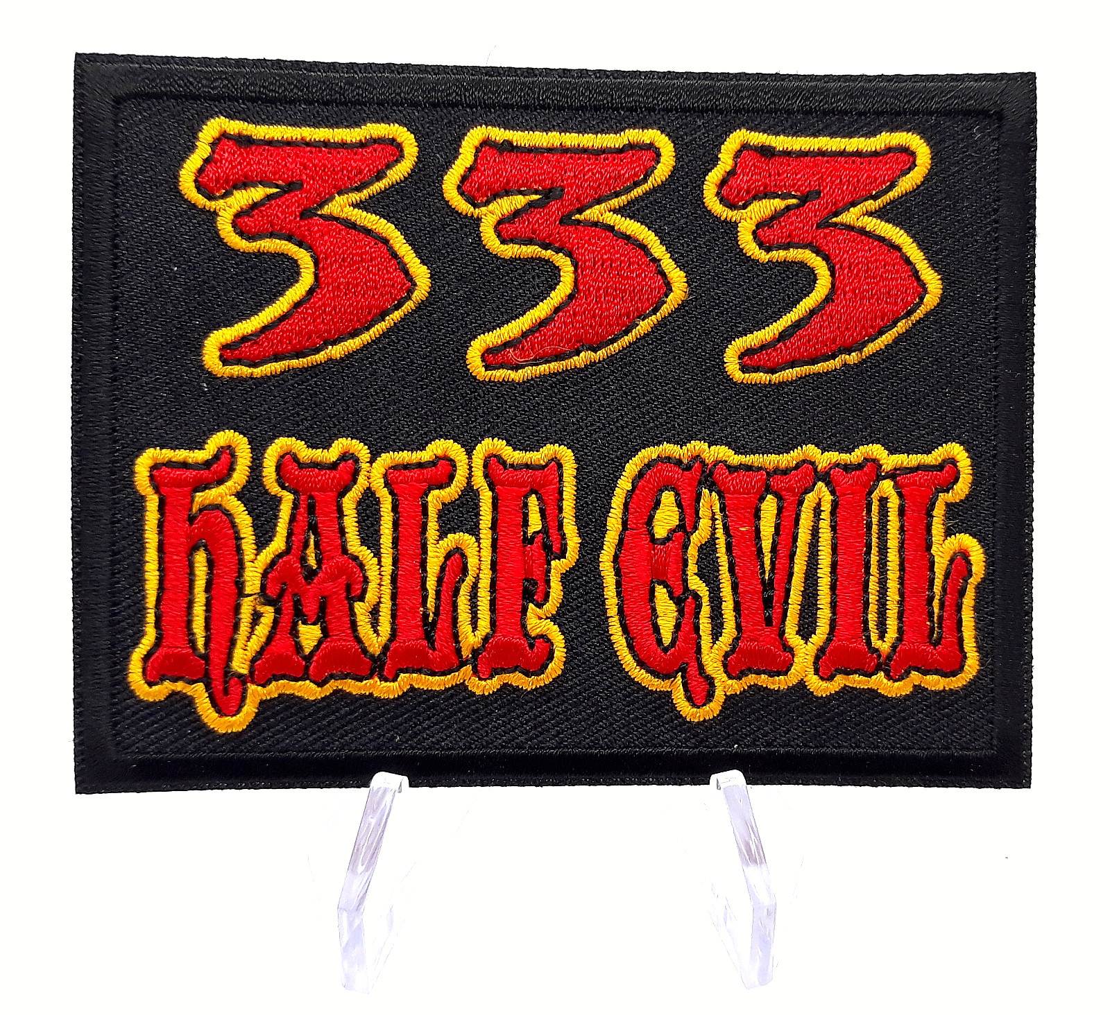 333 Half Evil Red, Black & Gold Iron On Sew On Embroidered Patch 3.5" x 2.5"