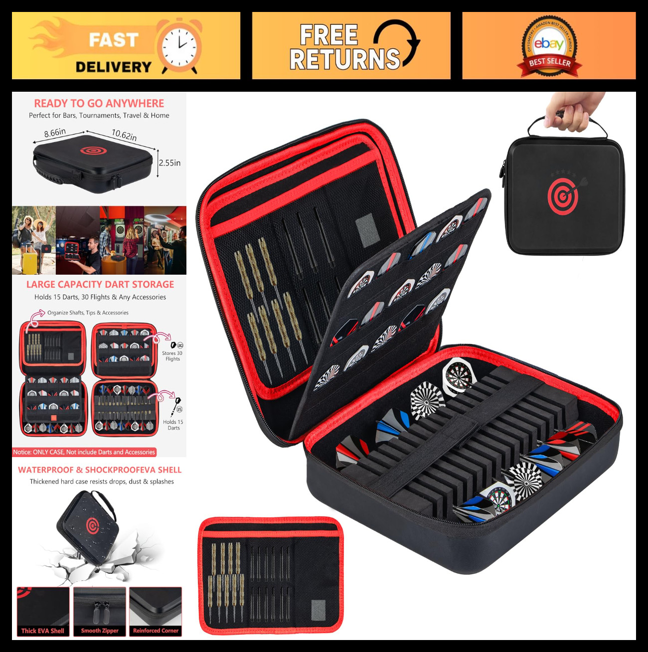XXL Large Hard Shell Dart Case for 15 Darts, 30 Flights & Accessories - Travel B