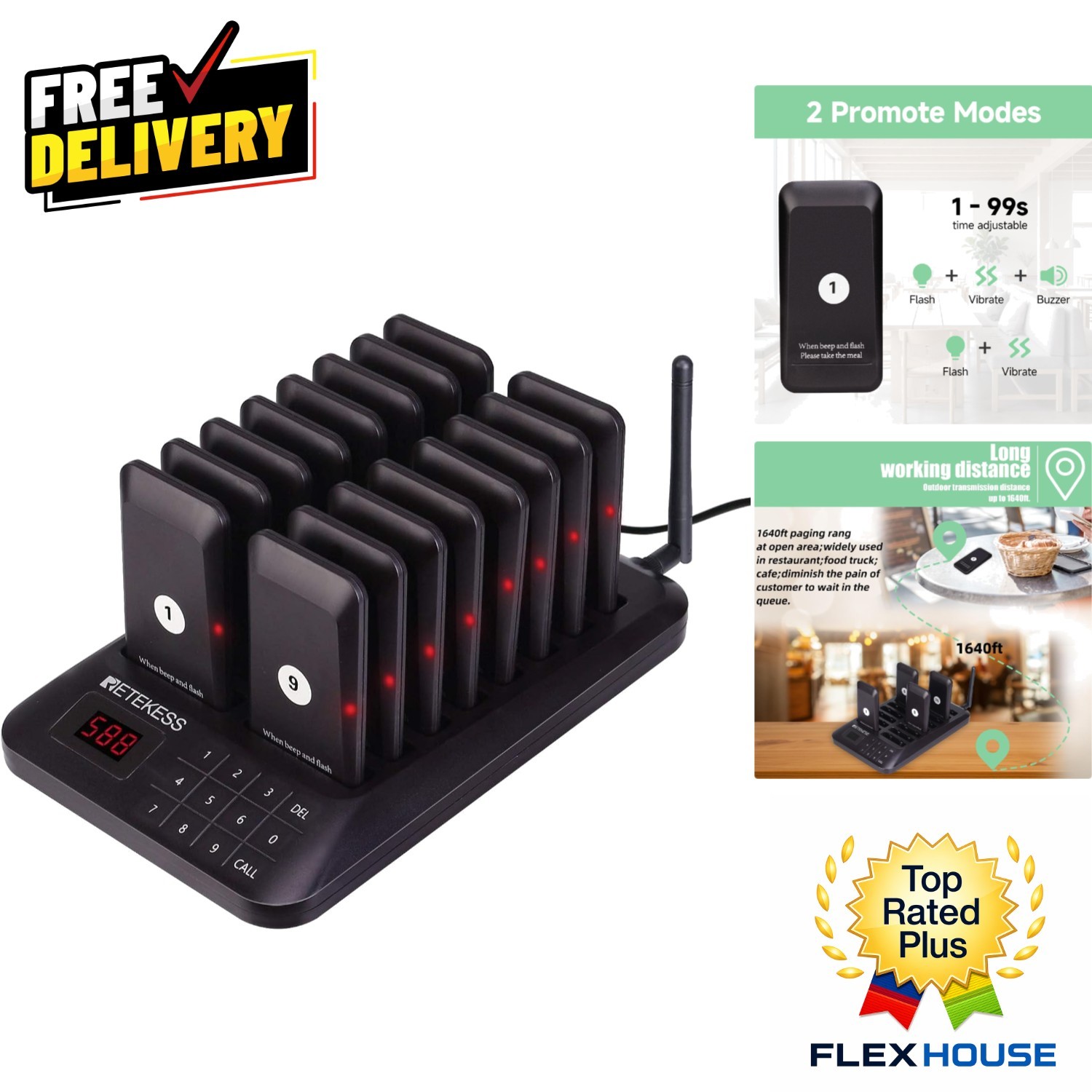 16-Buzzer TD157 Restaurant Pager System with 984ft Long Range & Dual Alerts