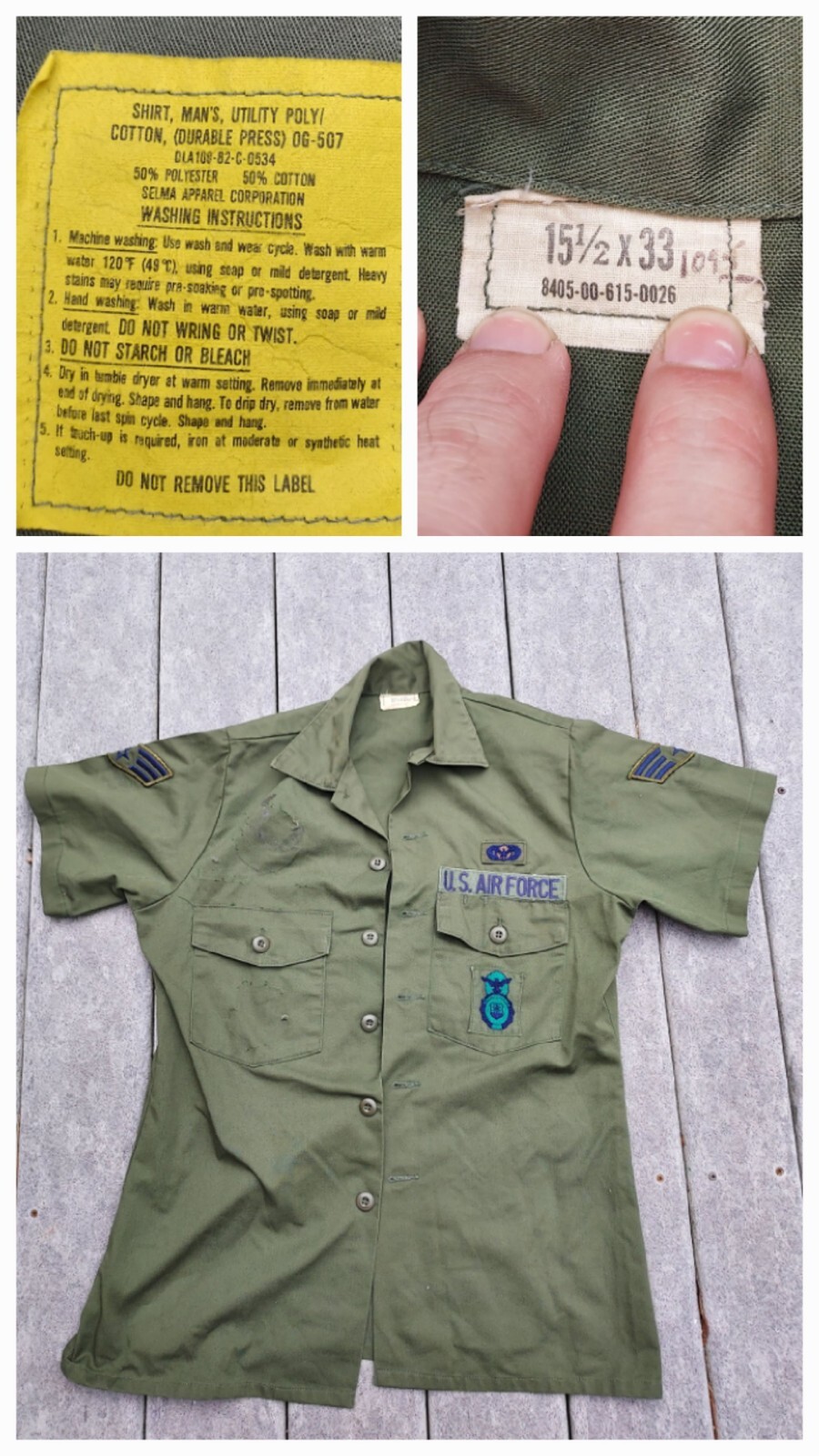 USAF US Air Force Utility Shirt Men’s L Green OG-507 Military Patch Patches