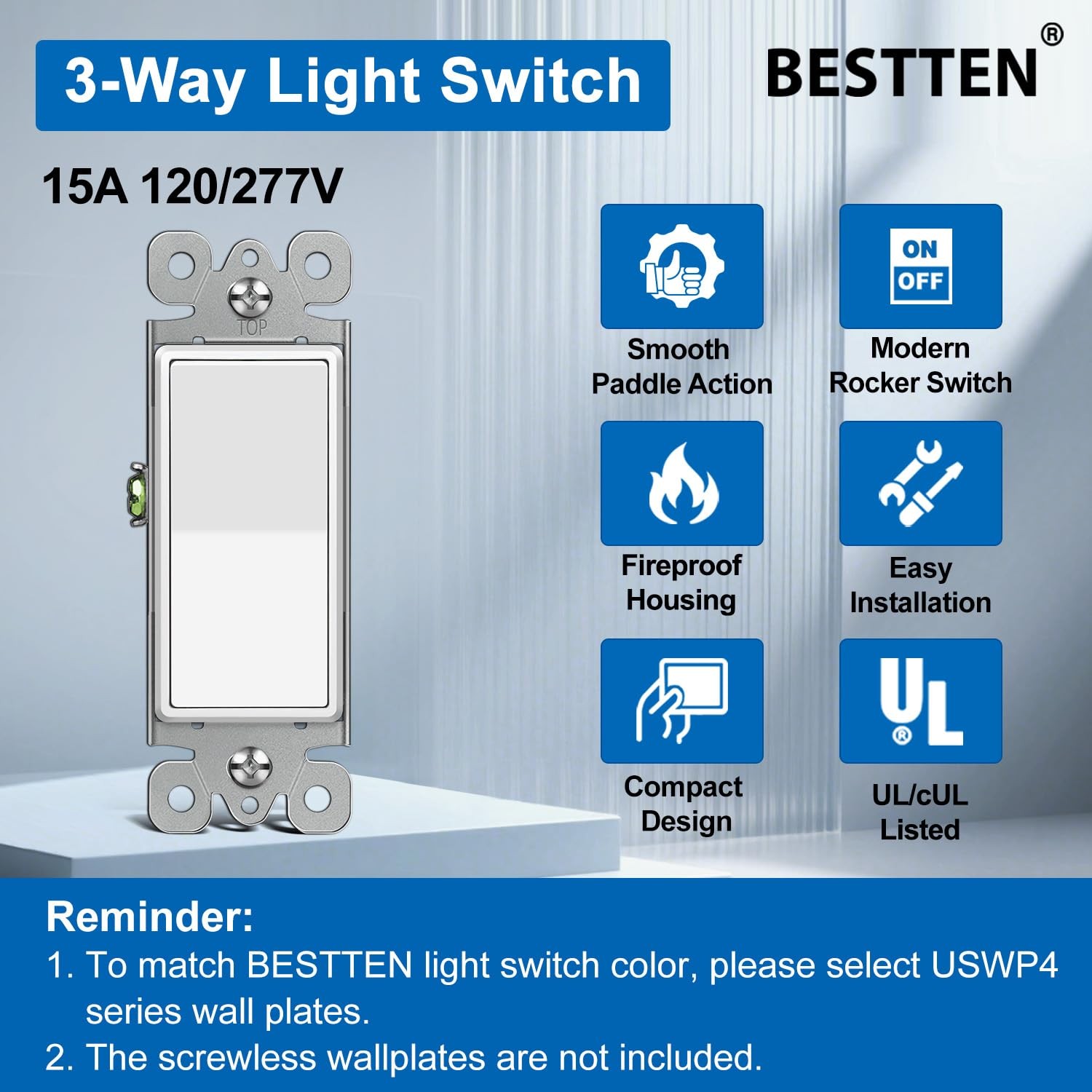 10 Pack 3Way Decorator Light Switch, 15A 120/277V, Single Pole or Three Way, ...