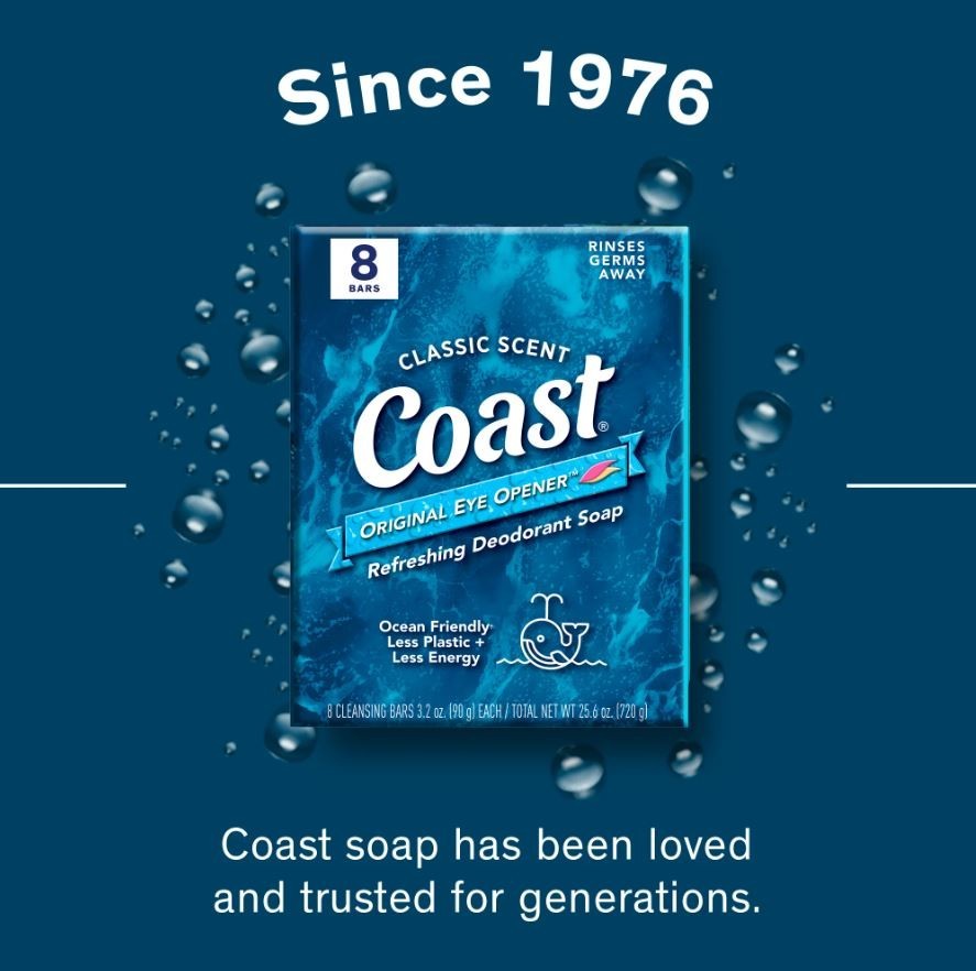 Coast Refreshing Deodorant Bar Soap, for All Skin Types, Classic Scent, 3.2 oz,