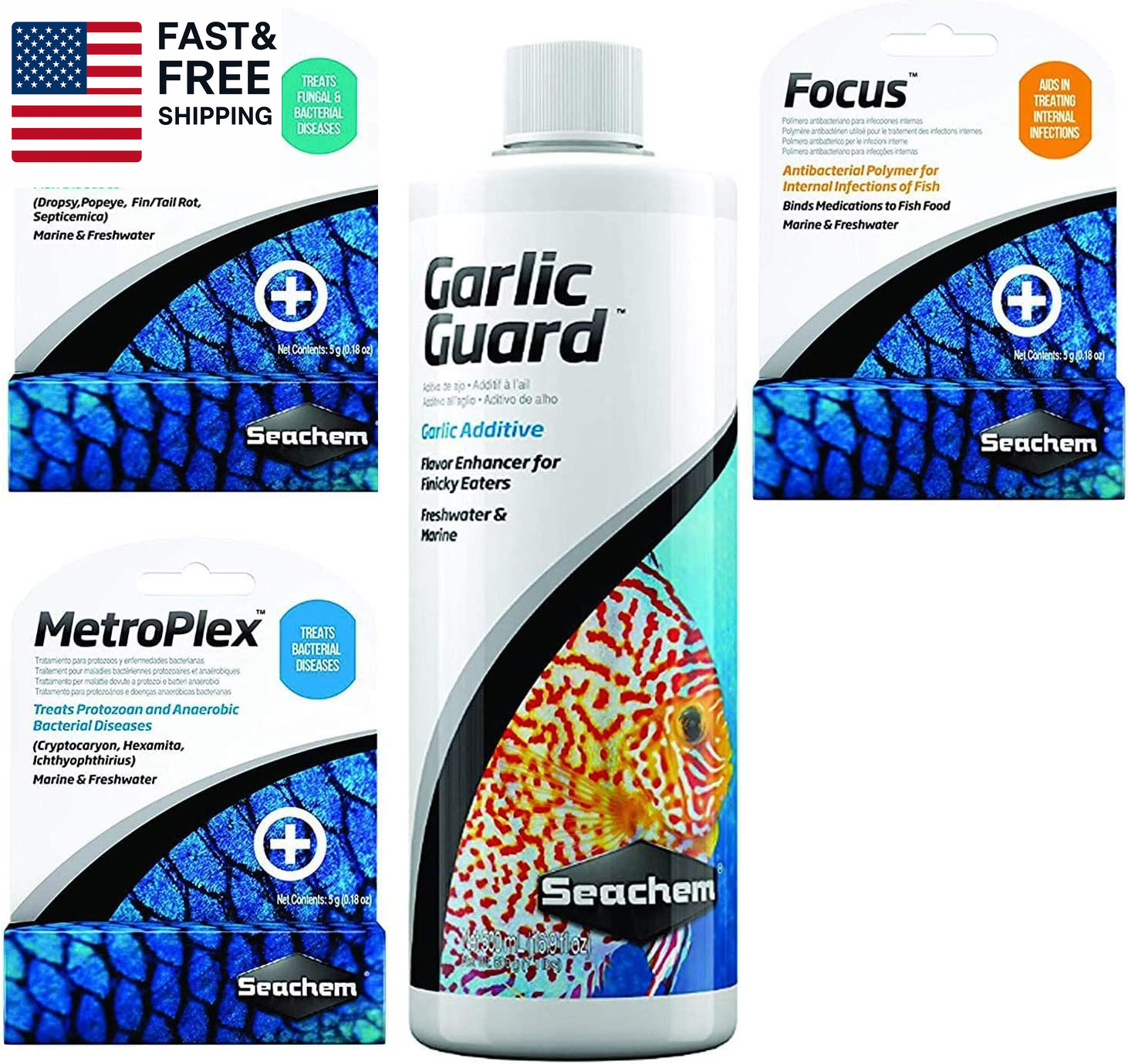 Ultimate Aquarium Treatment Bundle Pack - Metroplex, Kanaplex, Focus, Garlic Gua