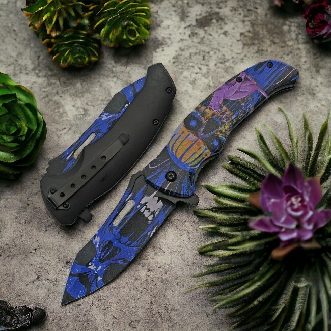 Spring-Assist Folding Knife | Black Blue Cat Demon Skull Pocket EDC 300503-BL