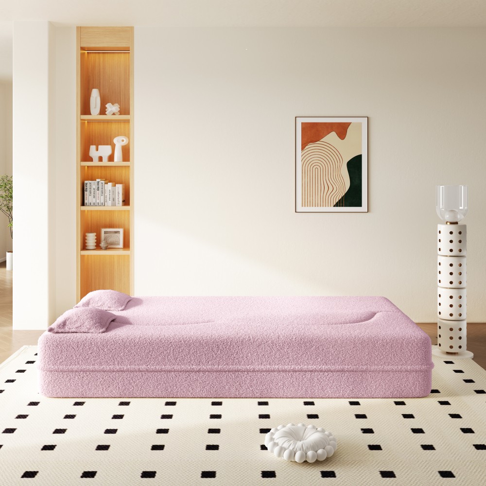 Twin Floor Sofa Bed, Teddy Fabric Folding Guest Mattress w/2 Pillows