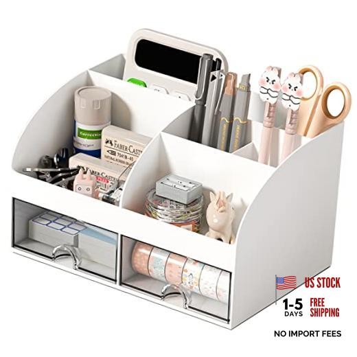 COMFYROOM Desk Organizer with 6 Compartments and 2 Drawers, Plastic White