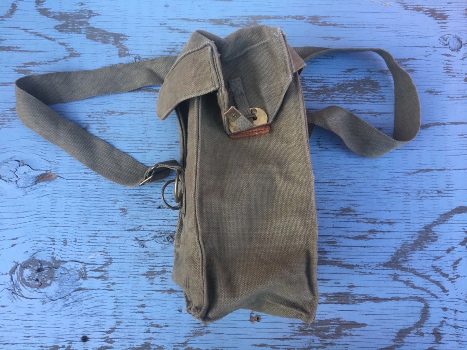 Belgian Army Surplus Canvas  Leather Shoulder M51 Gas Mask Bag 12"x5.5"x5.5"
