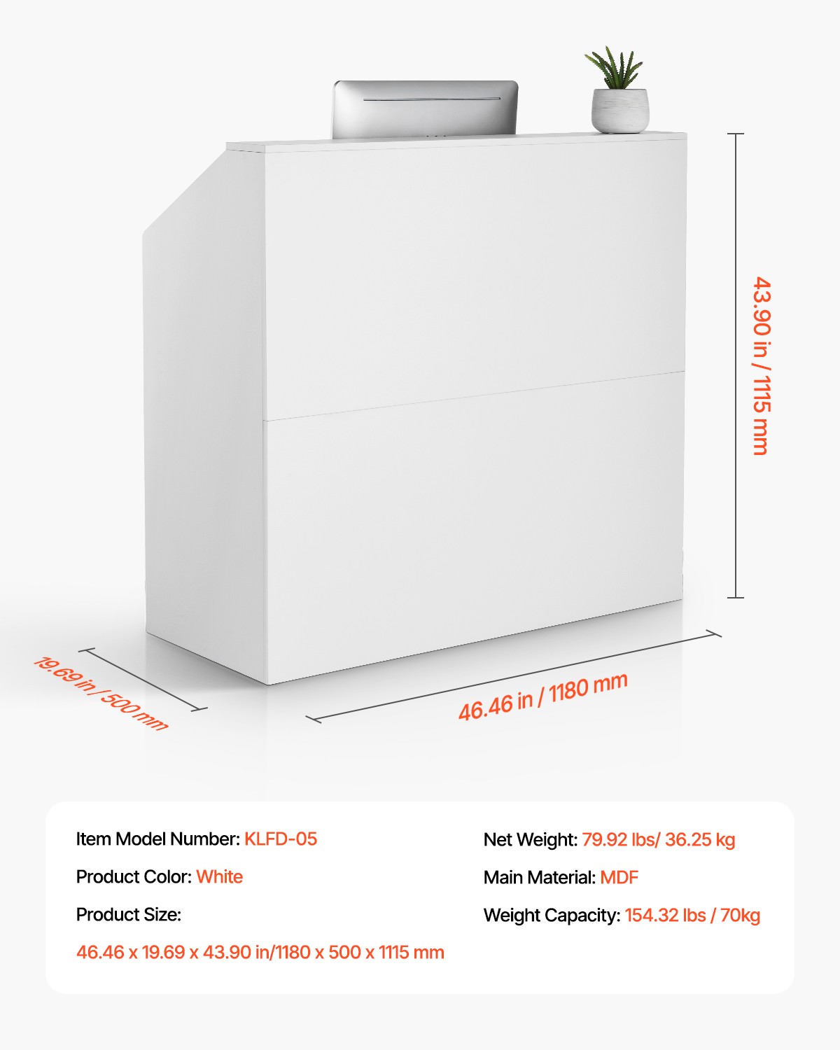 Uimoso Reception Desk Rectangular Front Counter Table 46.46in White Office Table