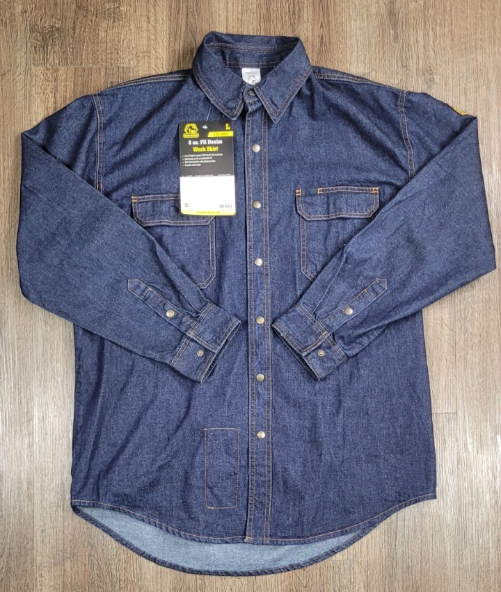 Black Stallion FS8-DNM FR Denim Work Shirt L Blue Flame Resistant Welding NWT