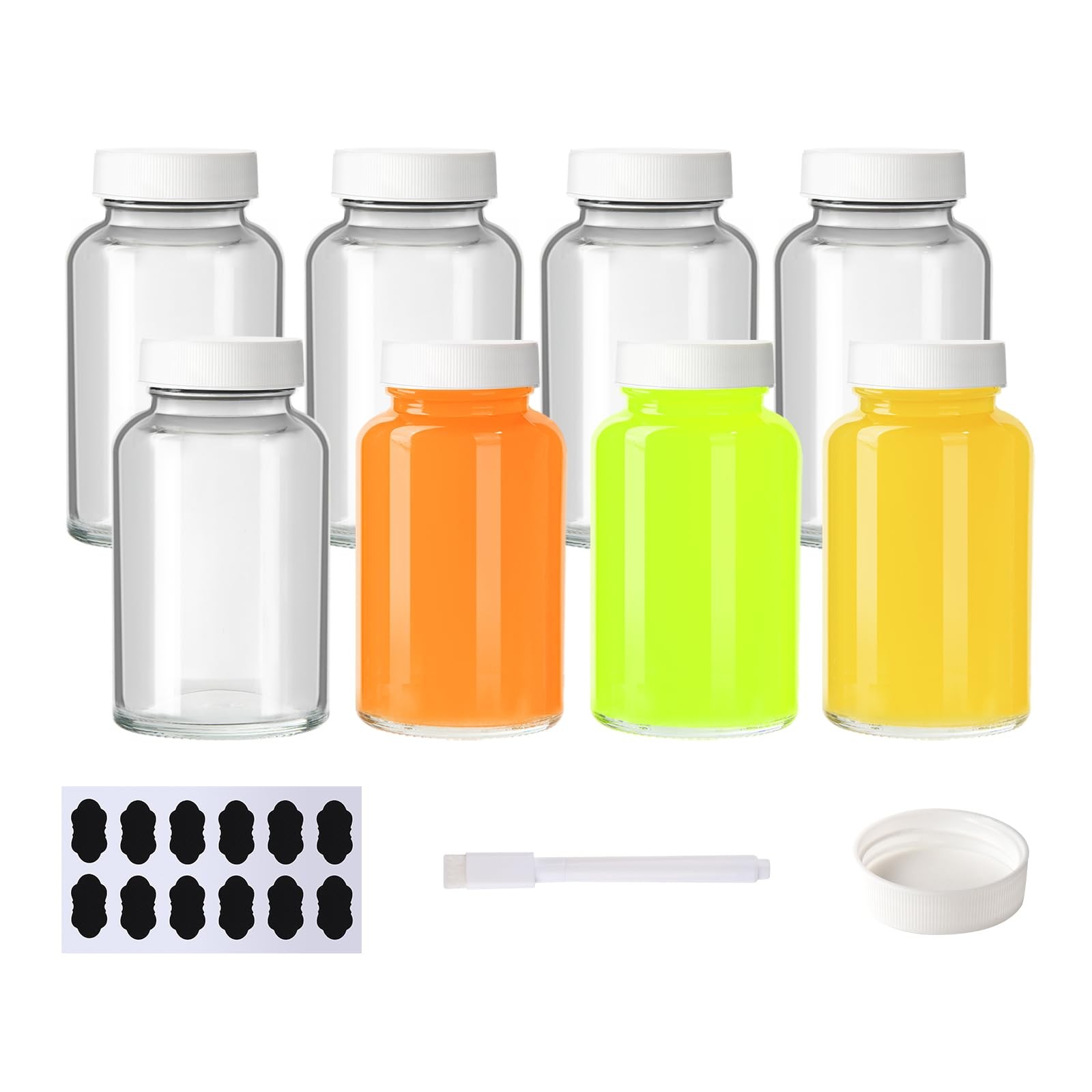 8 Pack 4 oz Glass Juice Bottles with Caps, Reusable Clear 120 ml Empty Wellne...