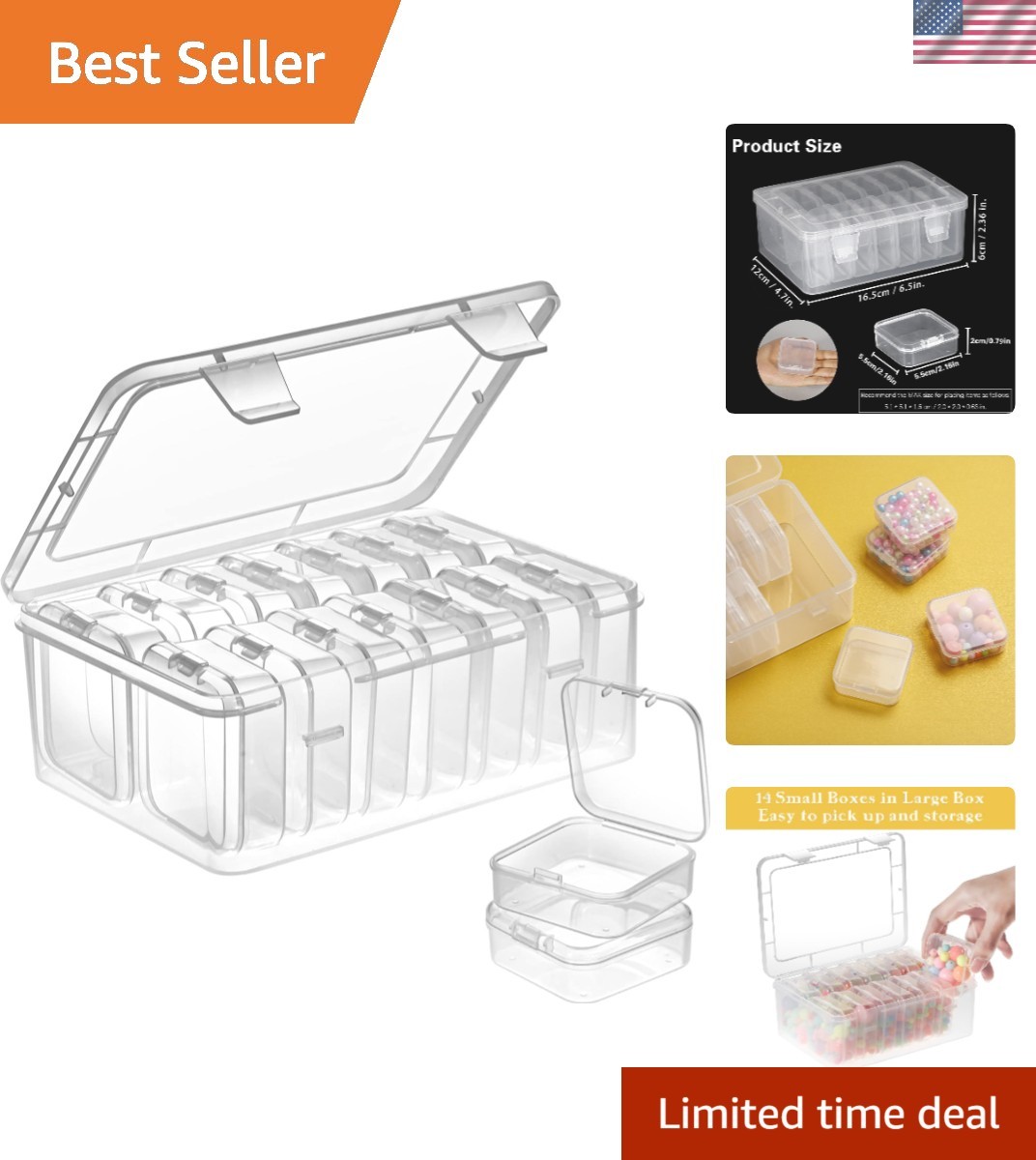 15-Piece Mini Clear Bead Storage Containers with Hinged Lid, Durable & Portable