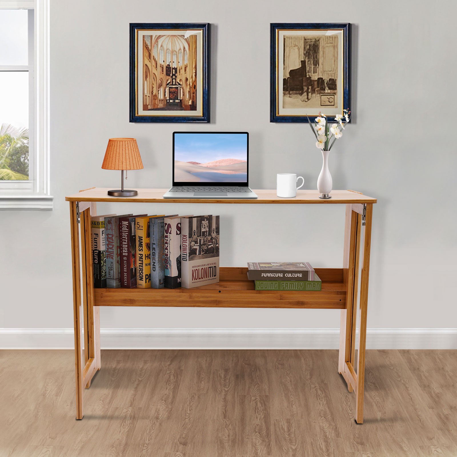 Folding Desk, Computer Desk with Bookshelf, Writing Desk for Student Office