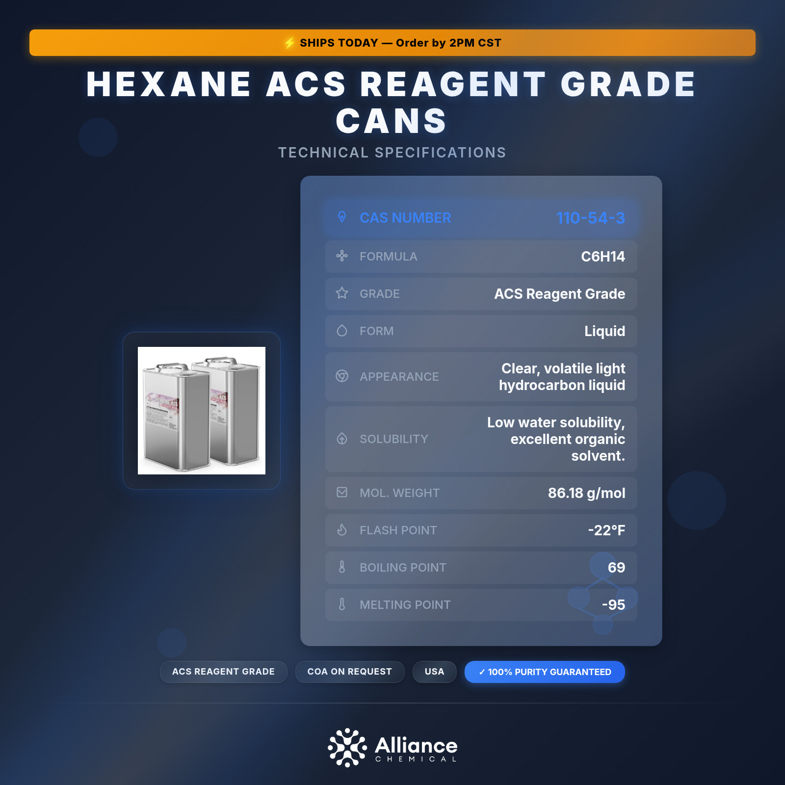 Hexane ACS Reagent Grade - 2 Gallon Cans