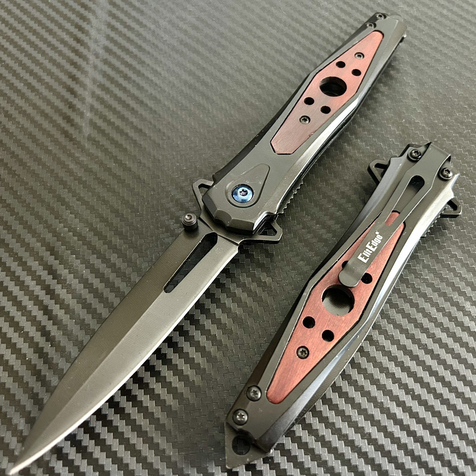 8.75” Wood Military Tactical EDC Spring Assisted Open Blade Folding Pocket Knife