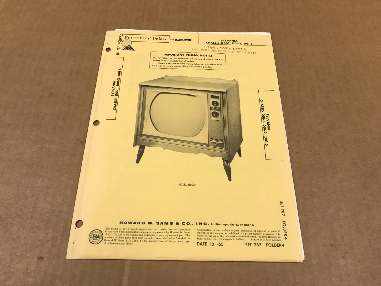 Vintage Photofact Folder- 787-4 - Sylvania TV Chassis Models D01-1, D01-2, D01-5