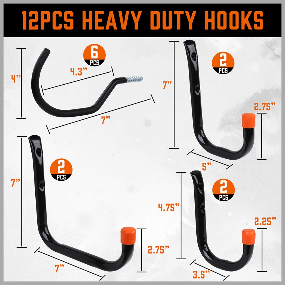 12PC Garage Storage Hooks Utility Wall Hooks for Tools Ladders Bikes Hoses Cords