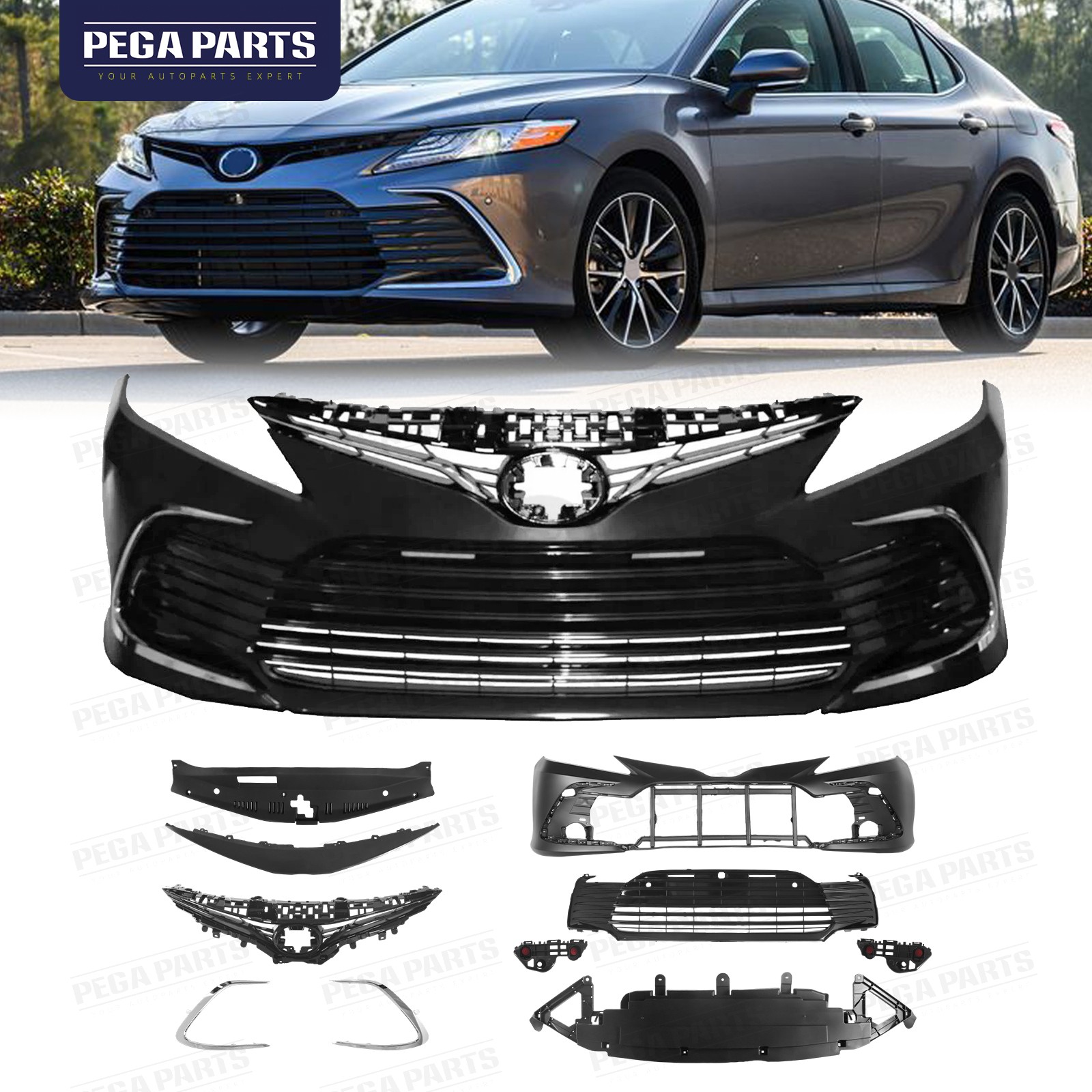 For 2021-2024 Toyota Camry LE Front Bumper Grille Set Glossy Black w/Chrome Trim