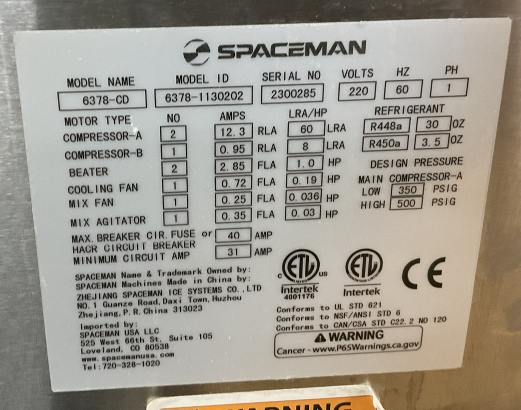 Used Spaceman 6378-CD Soft Serve Ice Cream Machine