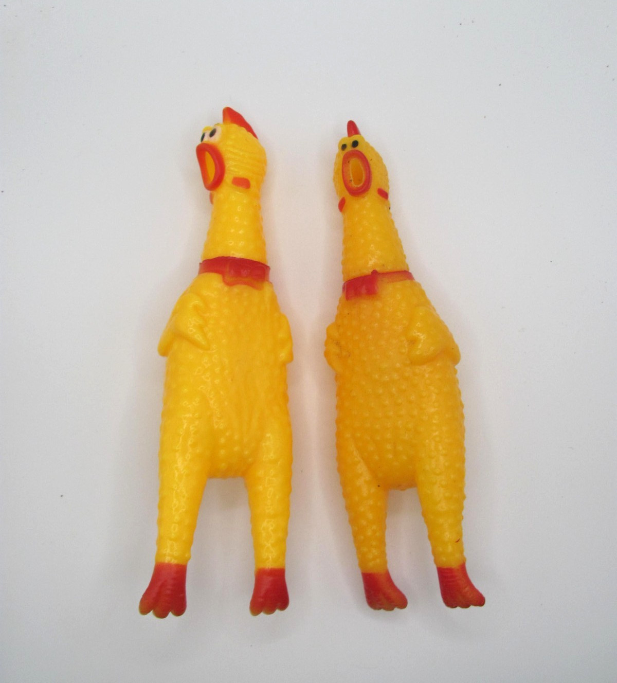 LOT OF 2 PLASTIC 6" HIGH SQEAKING CHICKENS - NOVELTY (MARDI GRAS THROW)