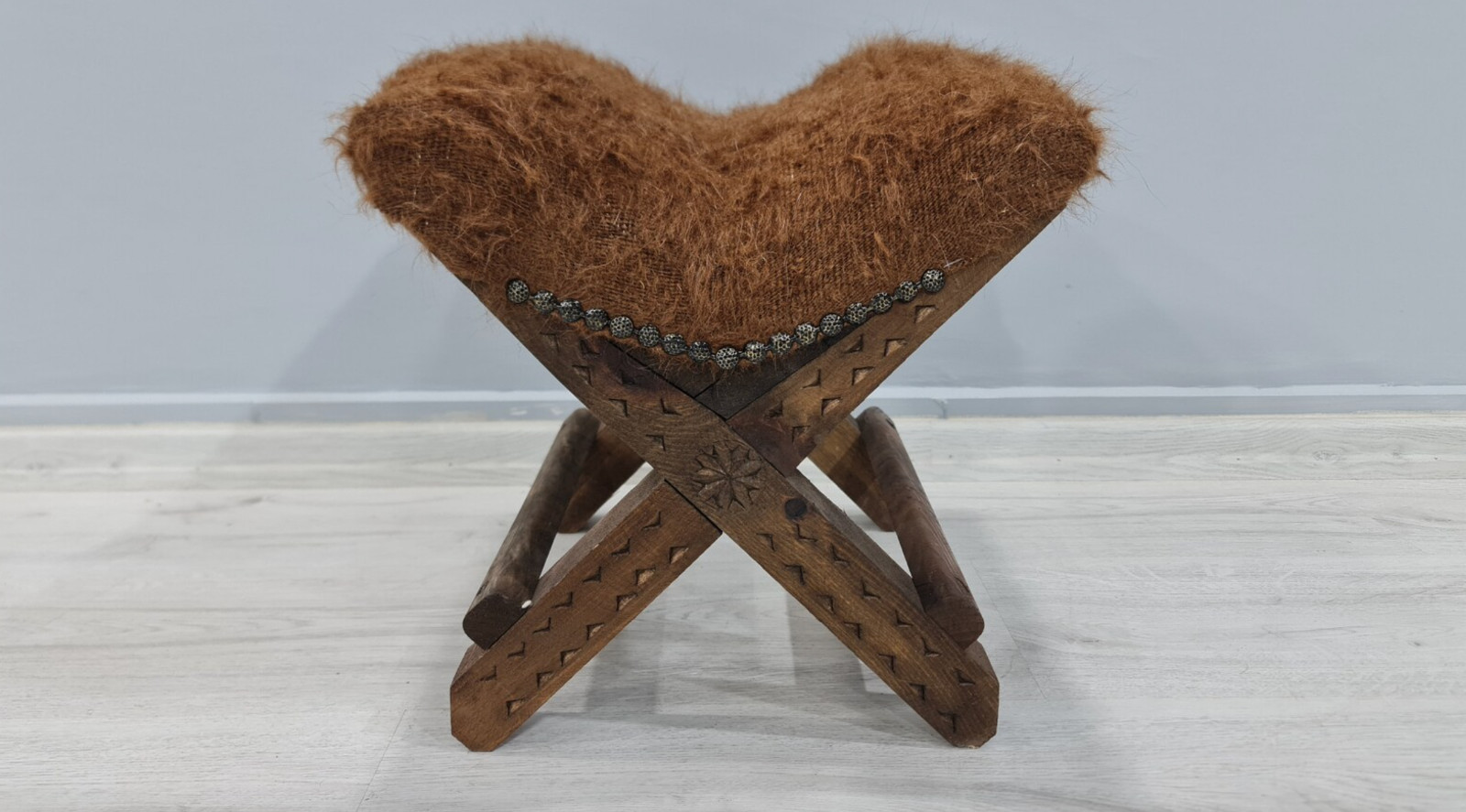 turkish footstool, handmade wooden ottoman, vintage furniture, rustic brown rug