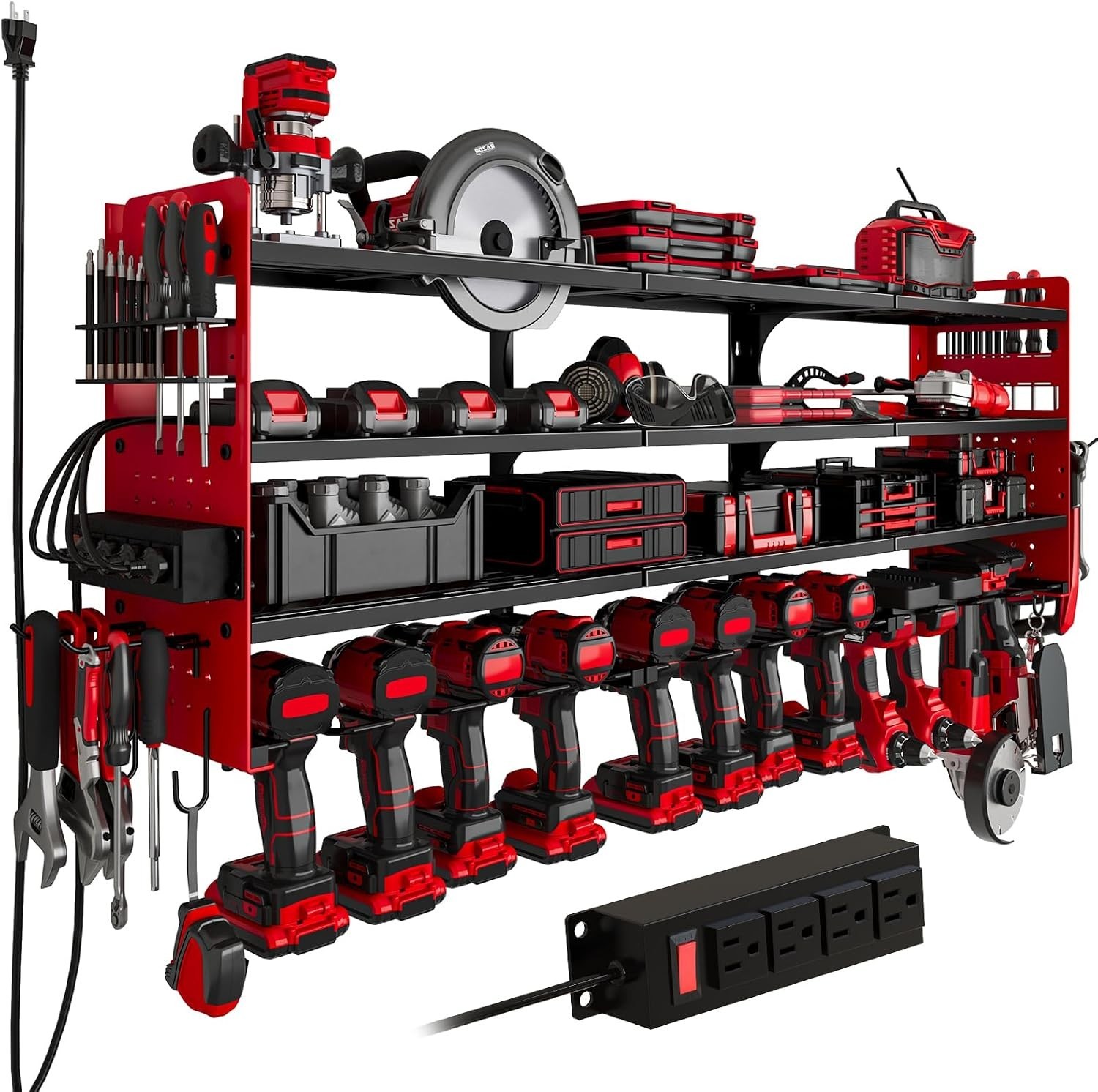 Sturdy Wall-Mounted Tool Rack with Pegboard Design & 4-Outlets for Power Tools
