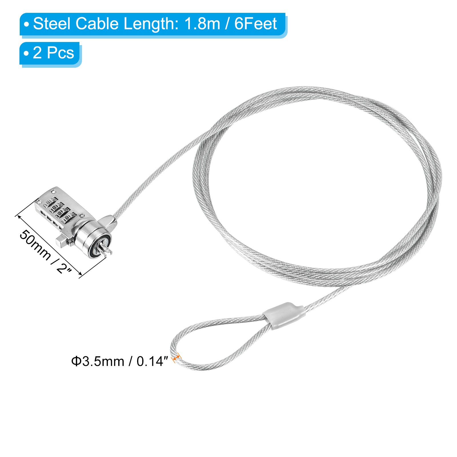 2Pcs Laptop Cable Lock 6 Ft Security Cable Combination Lock PC Computer Notebook