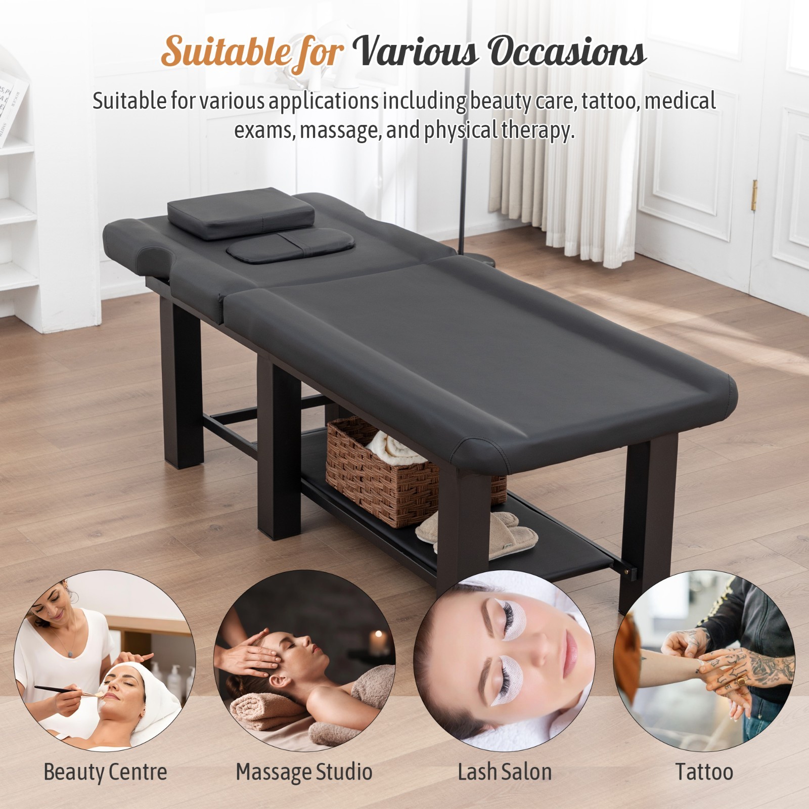 Spa Salon Massage Table w/Bottom Storage&Adjustable Backrest&Detachable Headrest