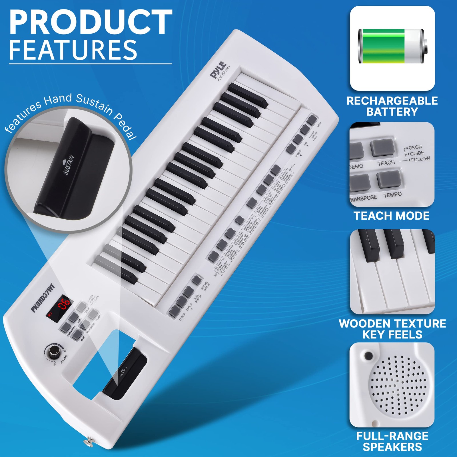PYLE Electric Piano, 37 Keys Keyboard 200 Rhythms, White