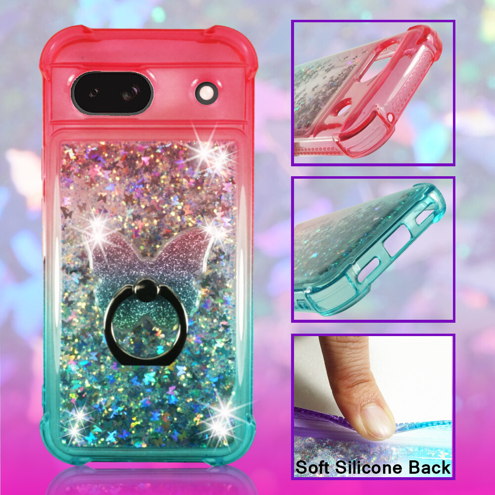 For Google Pixel 8a (6.1") Liquid Glitter Bling Case Phone Ring Stand Shockproof